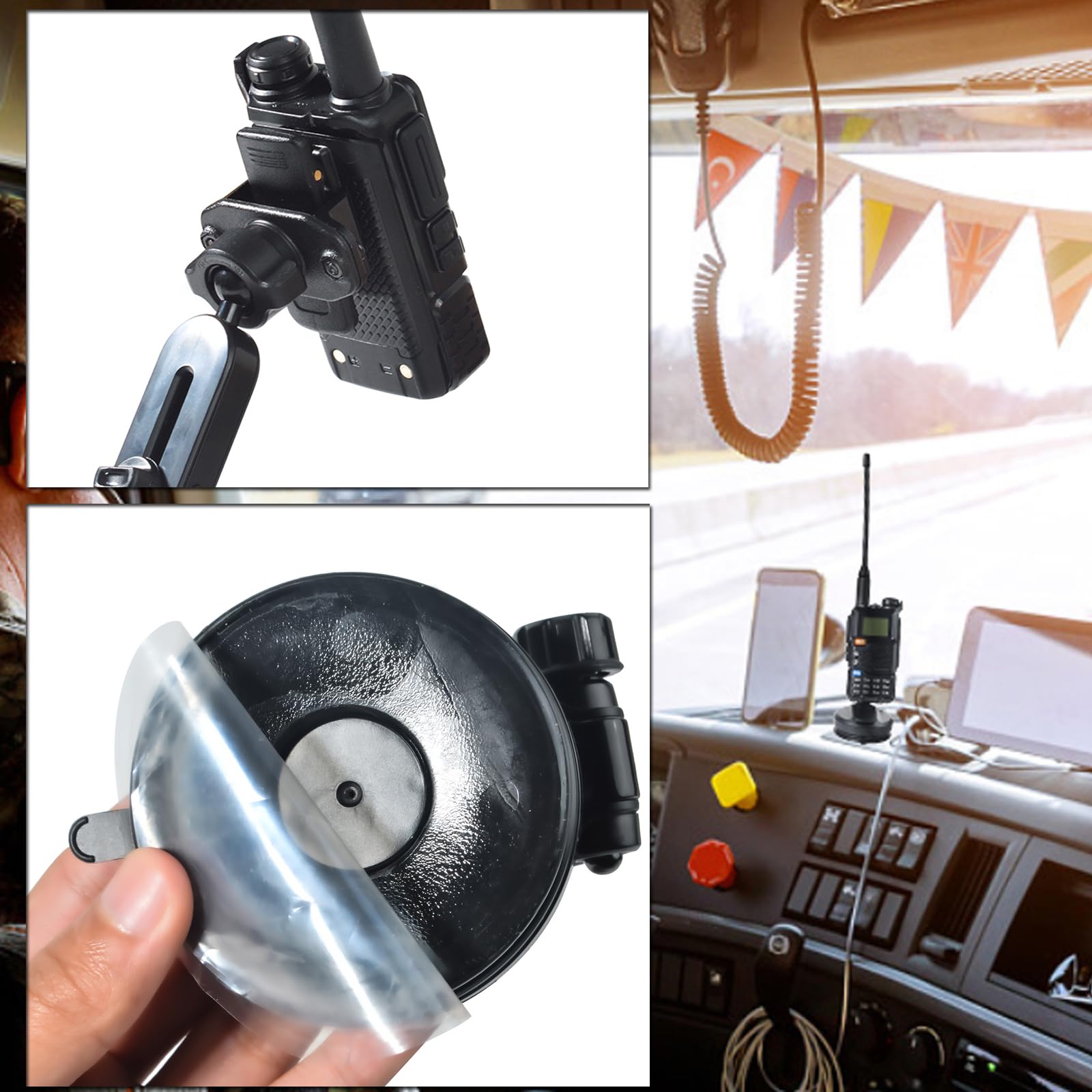 HYS Uchwyt na przednią szybę samochodu, uchwyt przyssawki, kompatybilny z Motorola Baofeng Yaesu Icom Walkie Talkie, wszystkie urządzenia mobilne z klipsem (X-7-A)
