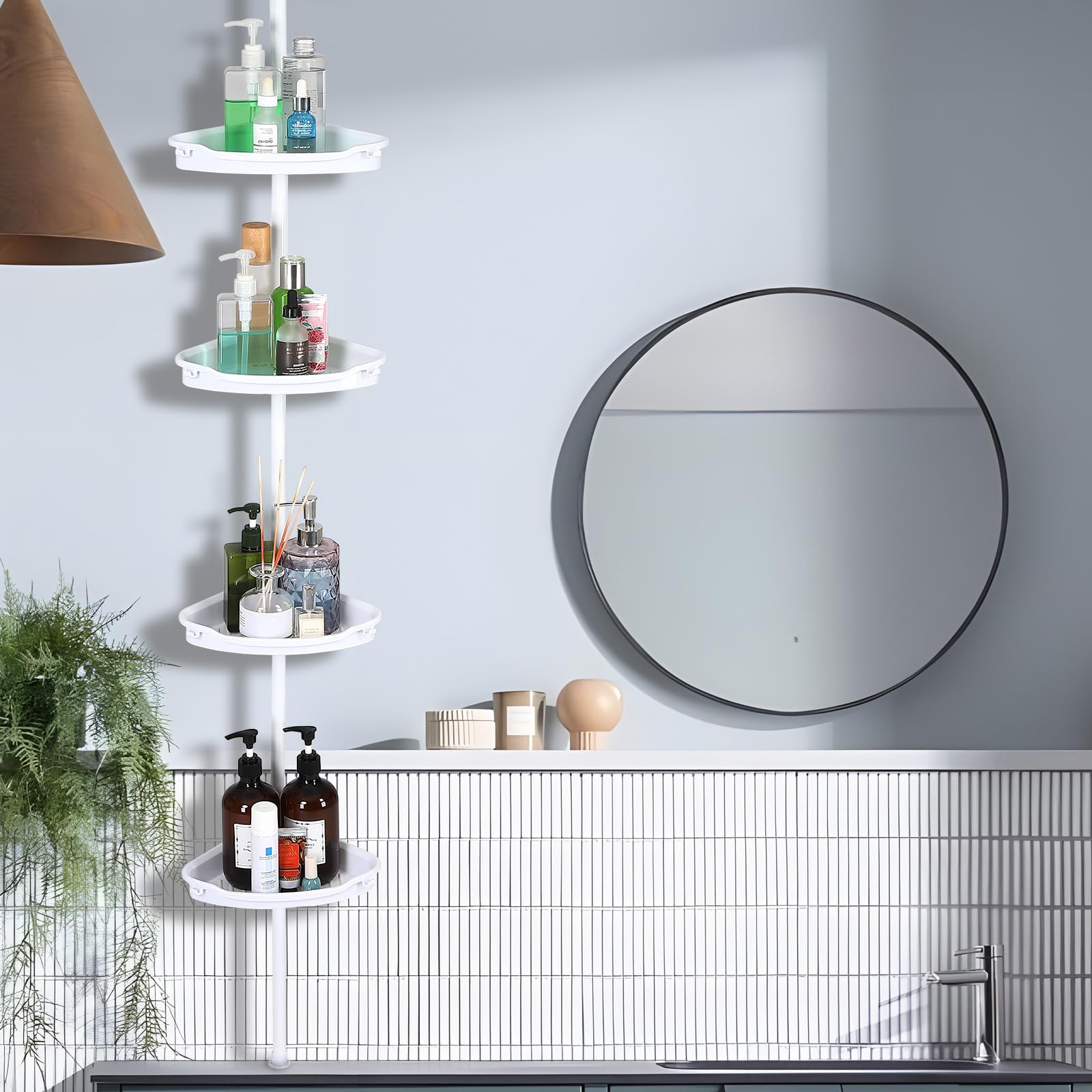 PeacefulHues Space-Saving Corner Shower Organizer Rust-Resistant Tension Pole with 4 Adjustable Shelves 102-122 Height No Tools Needed White