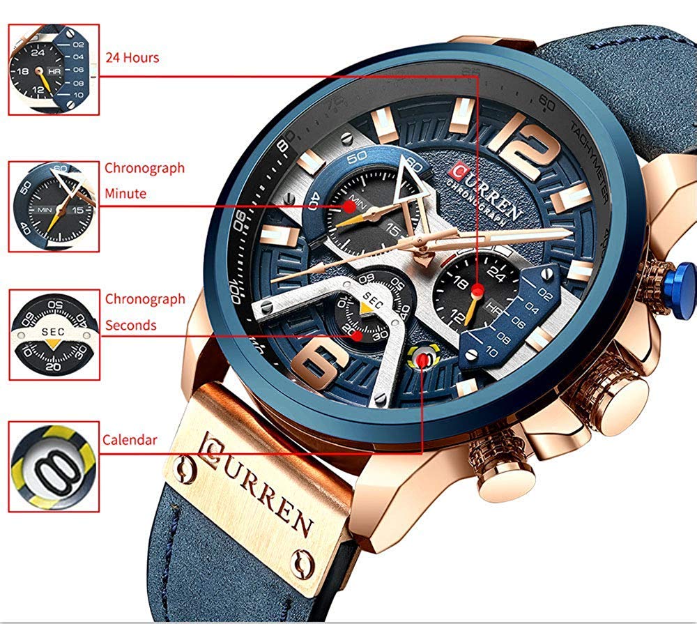 CURREN Herren-Armbanduhr, Quarz, Leder, Chronograph, Armbanduhr und modisches Armband, analoge Uhren für Herren, luxuriöse Armbanduhr, Geschenke für Vater, Freund, blau, Quarzuhr, Chronograph