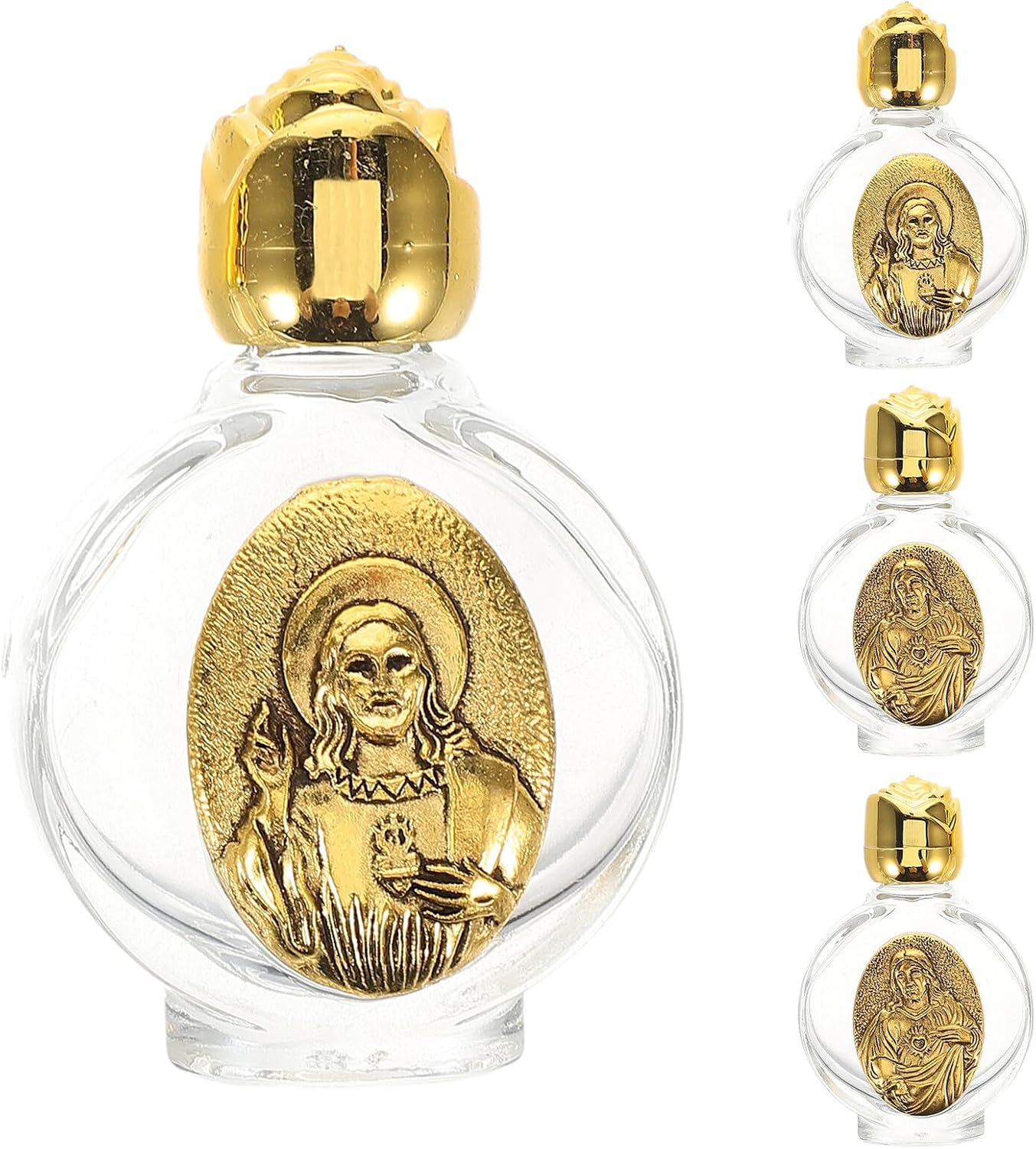 Angoily Decorative Holy Water Bottles 4pcs Set with Rose Embossed Glass and Alloy Portable Refillable Containers for Baptism Wedding Festival Decorations and Travel Use