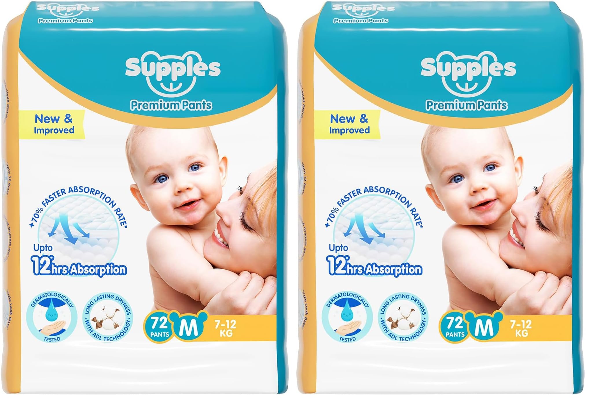 Amazon Brand - Supples Premium Baby Diaper Pants | 72 Baby Diapers | Medium | 7-12 Kg | 12 Hrs Absorption | Cushiony Cotton Soft Fabric | Phthalates-Free | Triple Leak Guard (Pack of 2)-image-33
