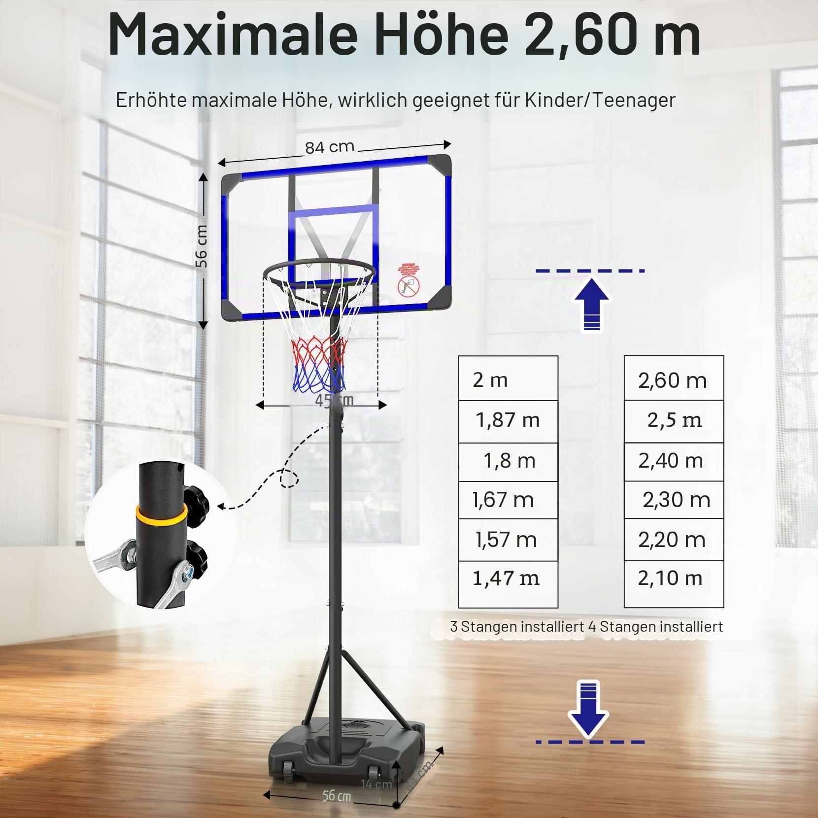 Yohood Basketballkorb, 12,4 - 3 m, verstellbar, tragbar, Basketballkörbe und Tore für Kinder/Jugendliche/Erwachsene, mit 44 PC-Rückwand, 45,7 cm Standardkorb-Rand, Allwetter-Ständer für den