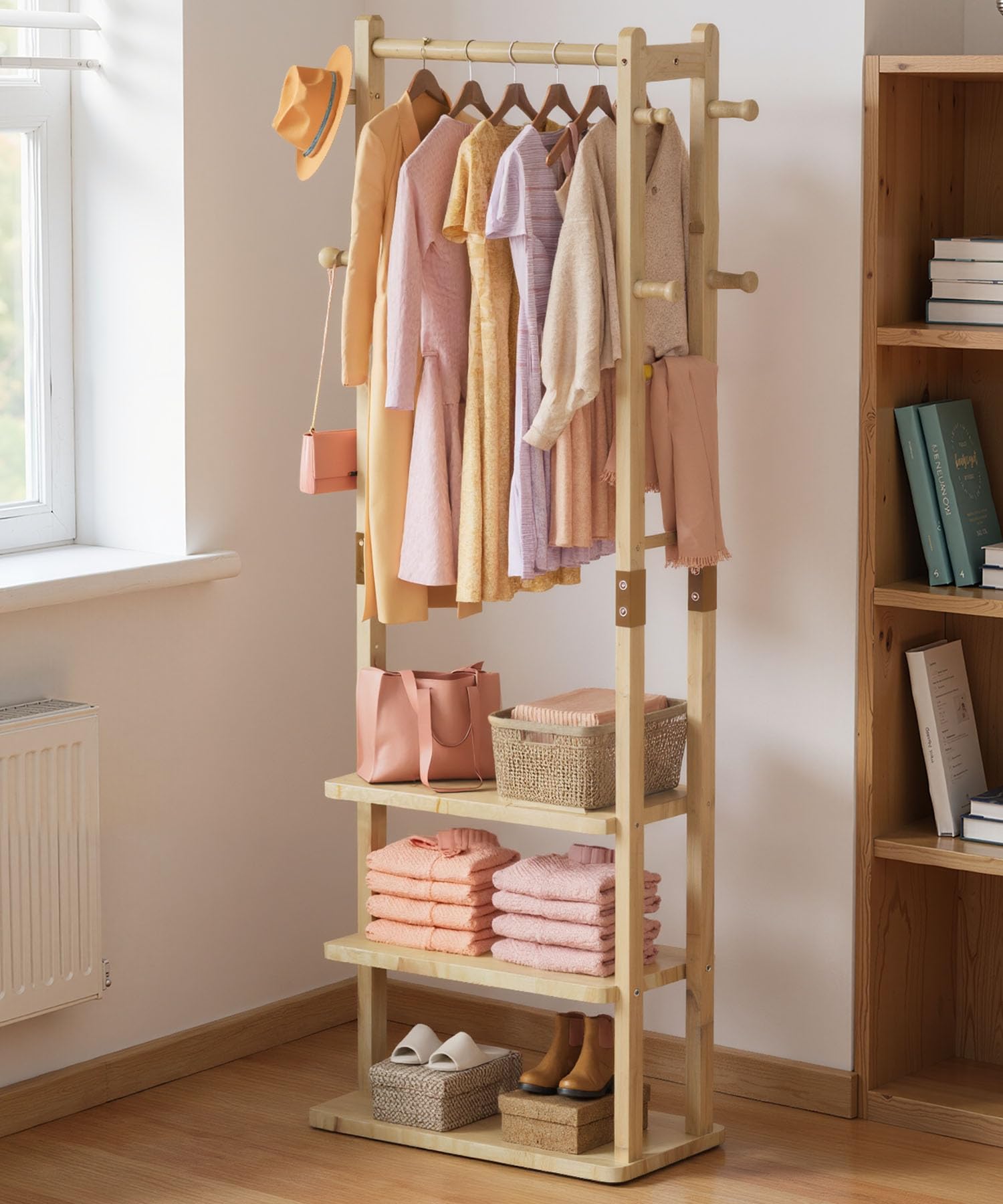 Yorbay Perchero multifuncional de madera independiente: perchero de pie sólido con estantes, perchero para ropa, sombrero, para salón, dormitorio, oficina | Perchero de pie de madera maciza con estantes, ganchos y perchero para ropa y sombreros en el saló