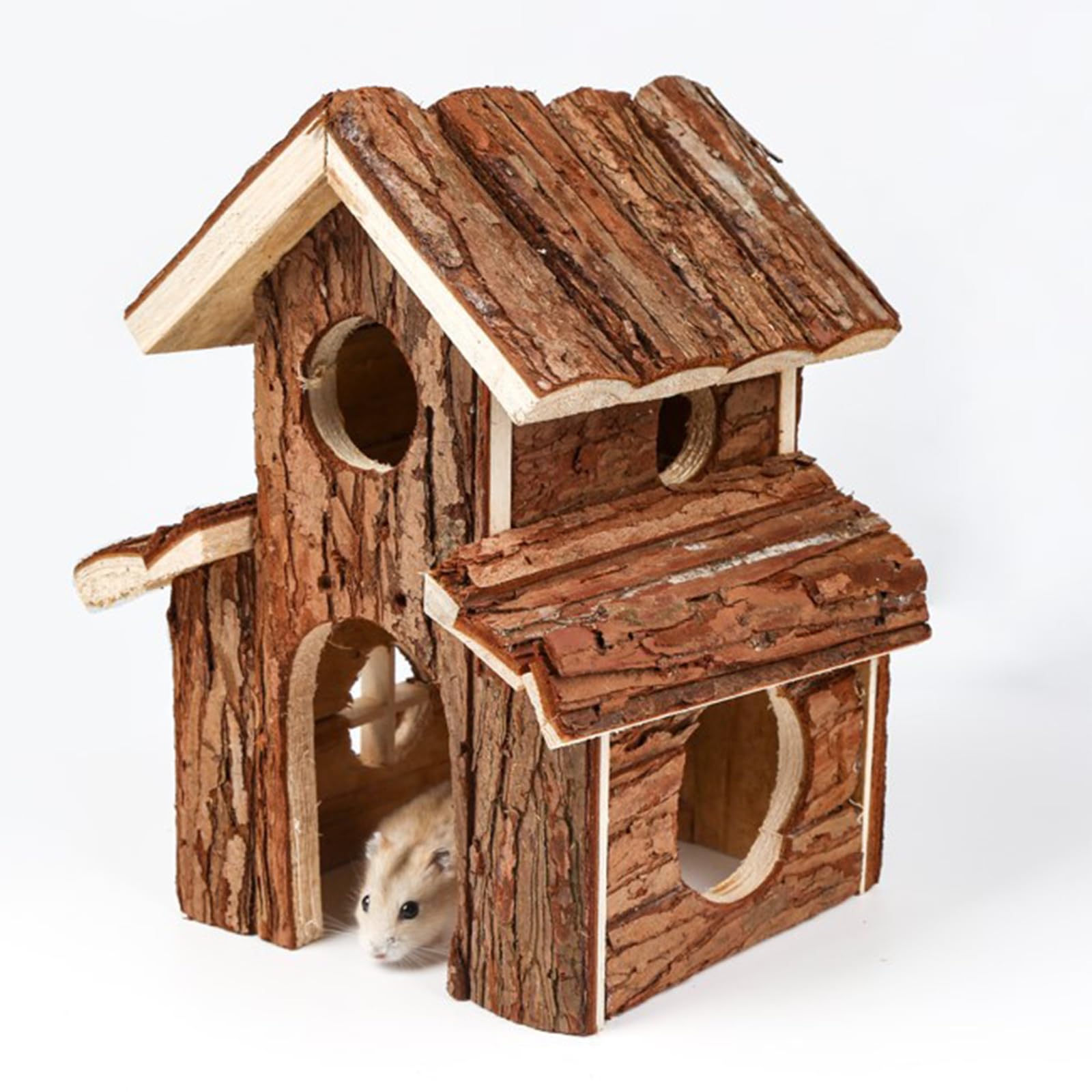 Young Wolf Small Animal Amusement Wooden Villa House Hideouts Playground with Ladder and Roller - Image 2
