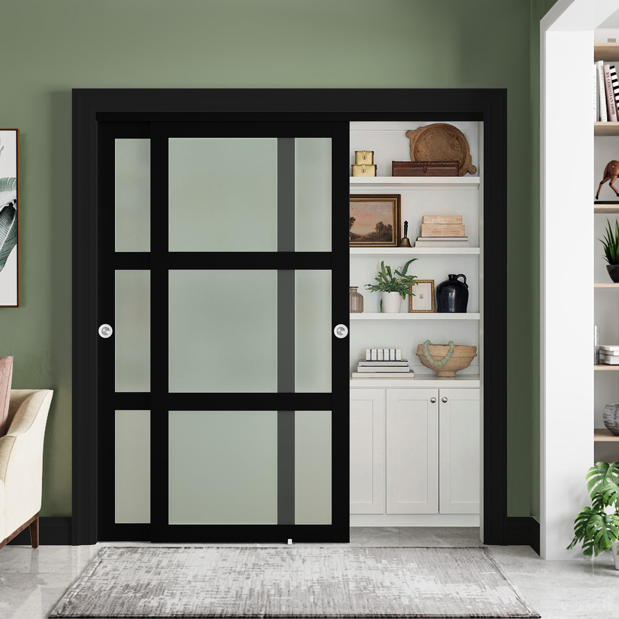 Photo 1 of SMARTSTANDARD Sliding Closet Door 72x80(Double 37") Inch, Bypass Frosted Glass 3-Lite,Hardware Kit with Handles Included,Easy to Assemble MDF Door for Bedroom with Scratch-Resistant PVC, White