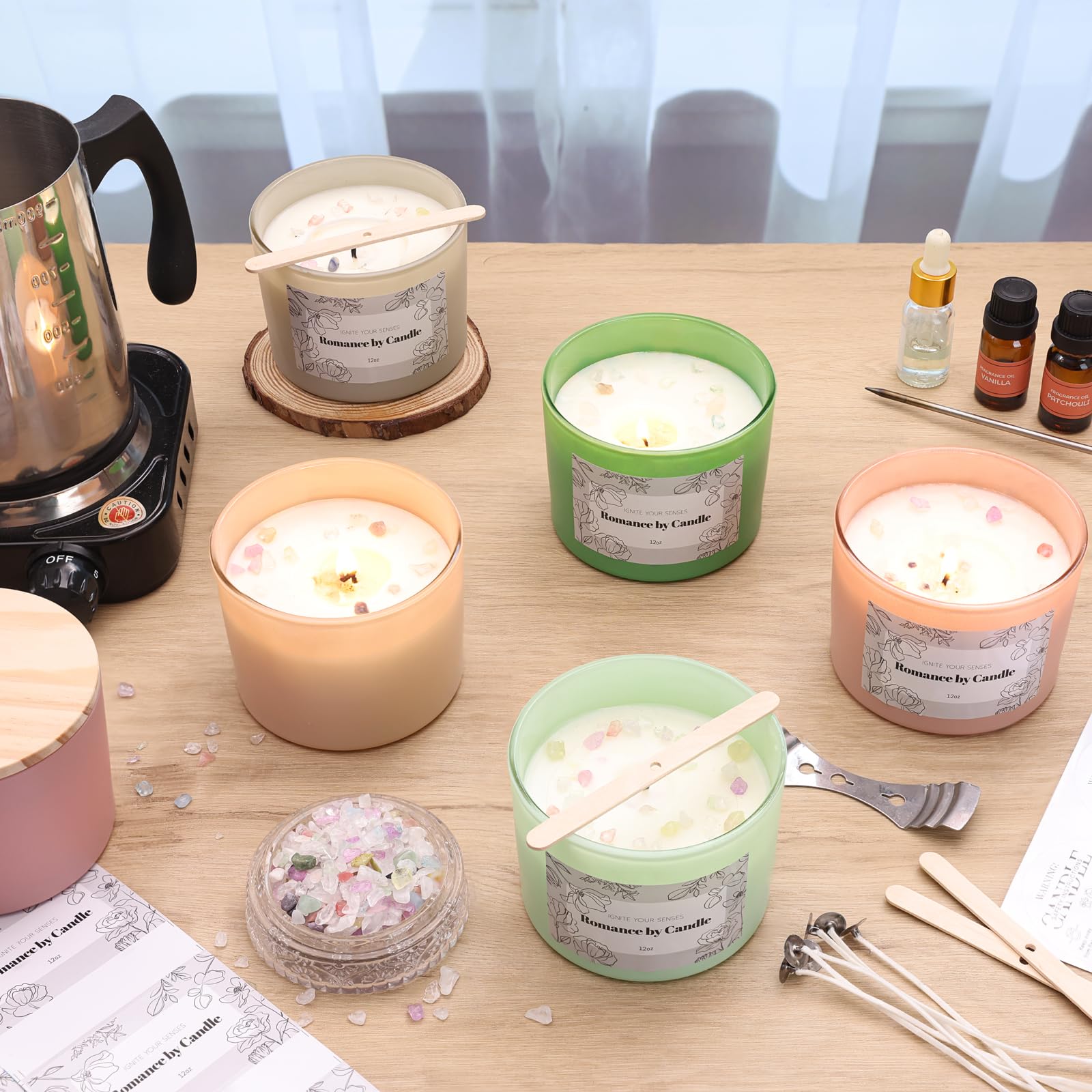 6 barattoli assortiti di cammello per realizzare candele, barattoli vuoti da 350 ml con coperchi in bambù, etichette e rocce di cristallo da 100 g, barattoli di vetro per la produzione di candele