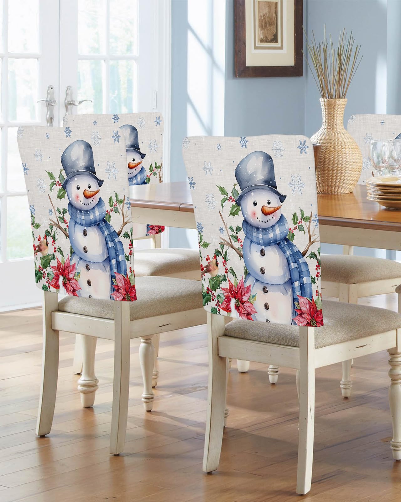 AMZRicher Blue Snowman Christmas Chair Back Covers for Dining Chairs 4 Pack, Washable Removable Chair Slipcover Back Chair Protector for Wedding Party Baby Shower Xmas Poinsettia Berry Snowflake