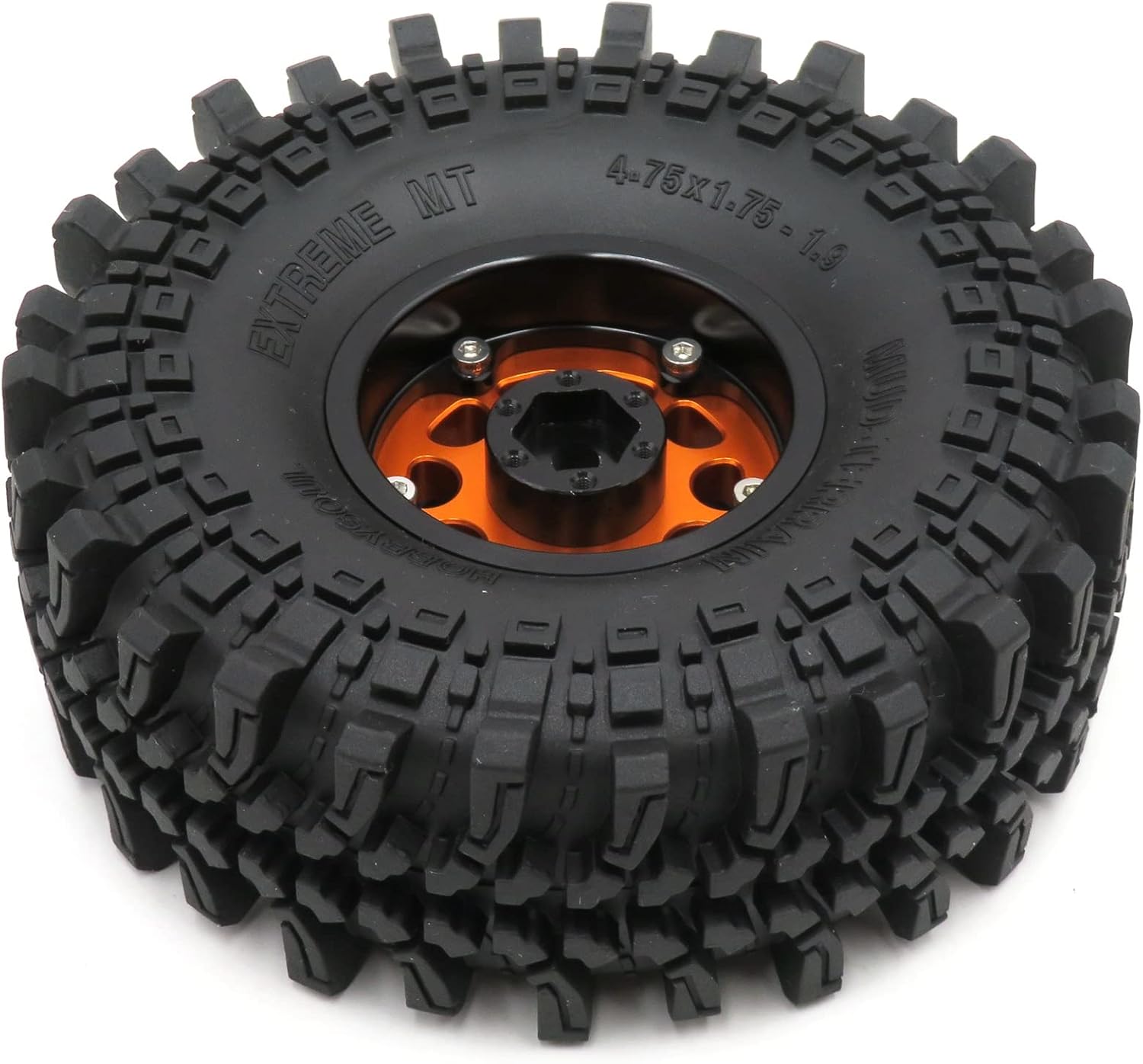 HOBBYSOUL 4pcs RC 1.9 Mud Terrain Tires Super Grip Soft Crawler Truck Tyre 121mm/4.75inch & Aluminium 1.9 Beadlock Wheel Rim Hex 12mm Orange/Black Color, (pre-Mounted)
