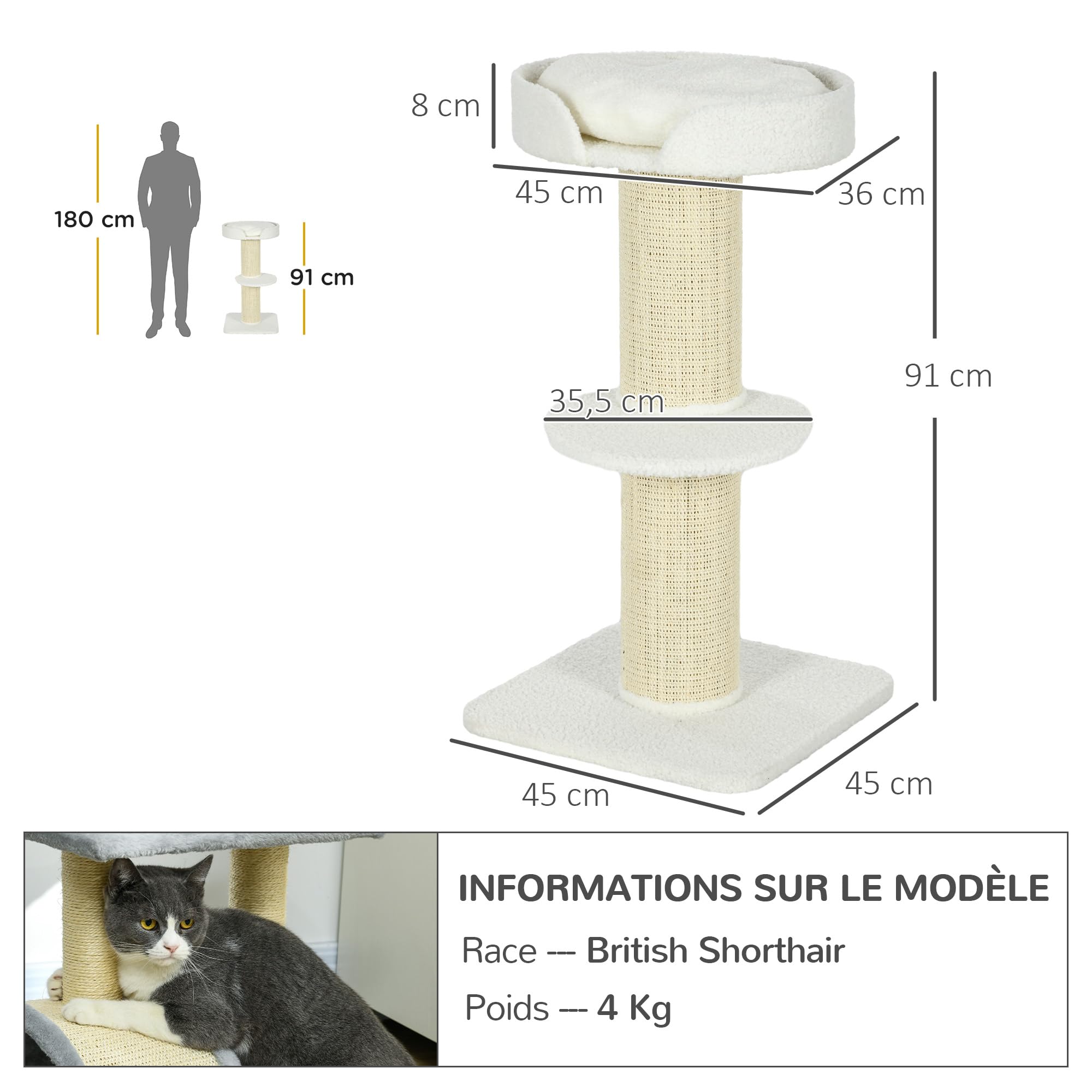 PawHut Albero per Gatti Palo da graffiare per Gatti Tessuto Fibbia, Centro attività 2 Piattaforme Altezza 91 cm Crema