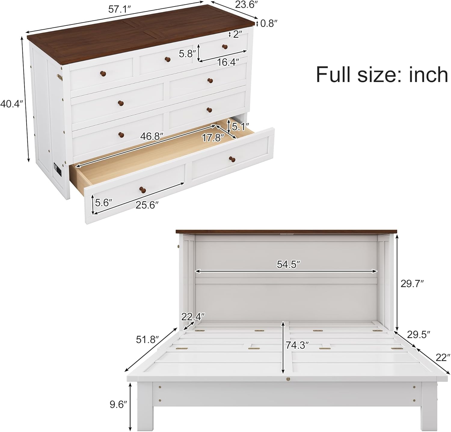 Diagram showing dimensions of the Merax Murphy Cabinet Bed in both cabinet and bed configurations