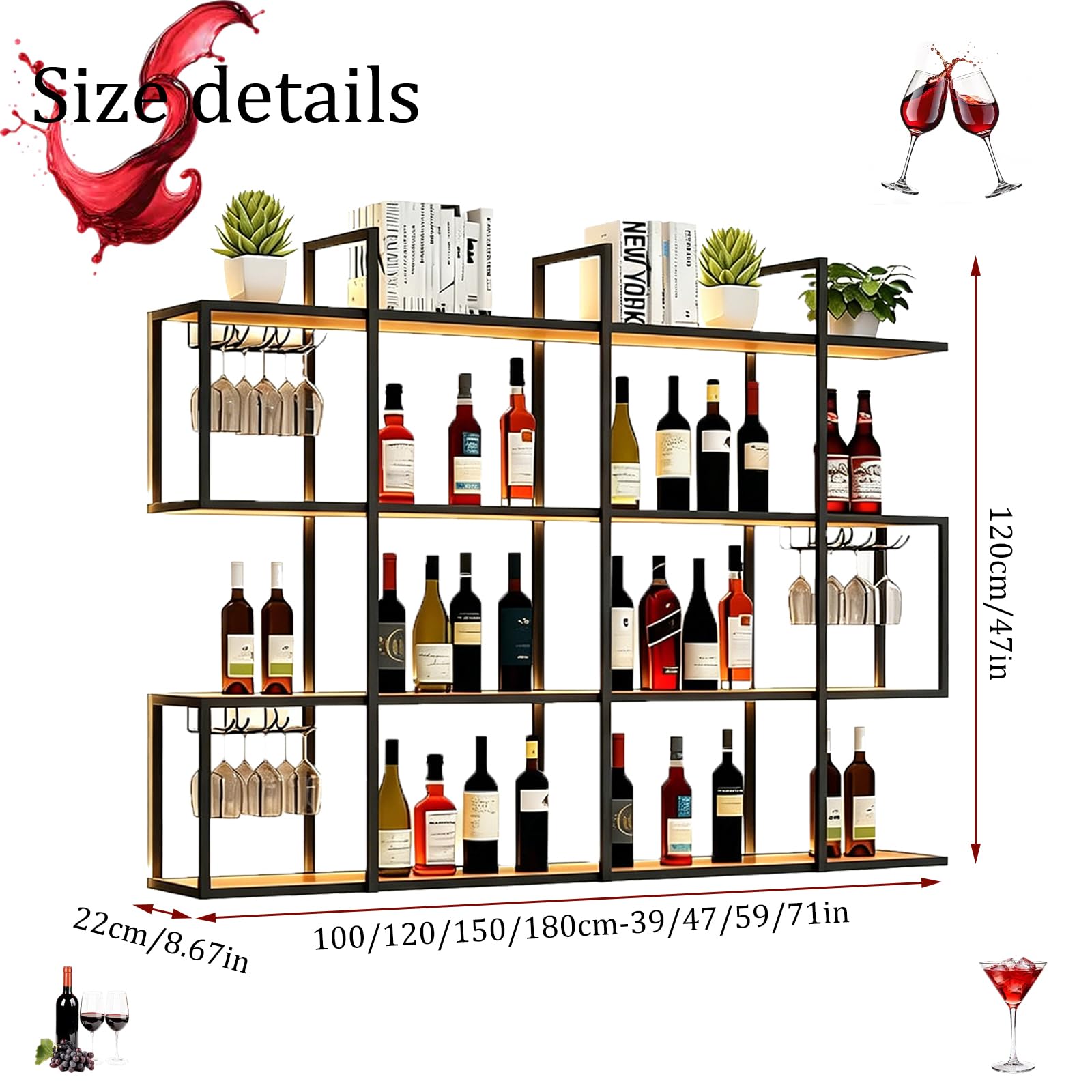 180cm Scaffale per vino a 4 livelli da parete con luci LED, mensola industriale per bottiglie di liquori, ripiani metallici per bar con portabicchieri, decorazione murale per sala da pranzo