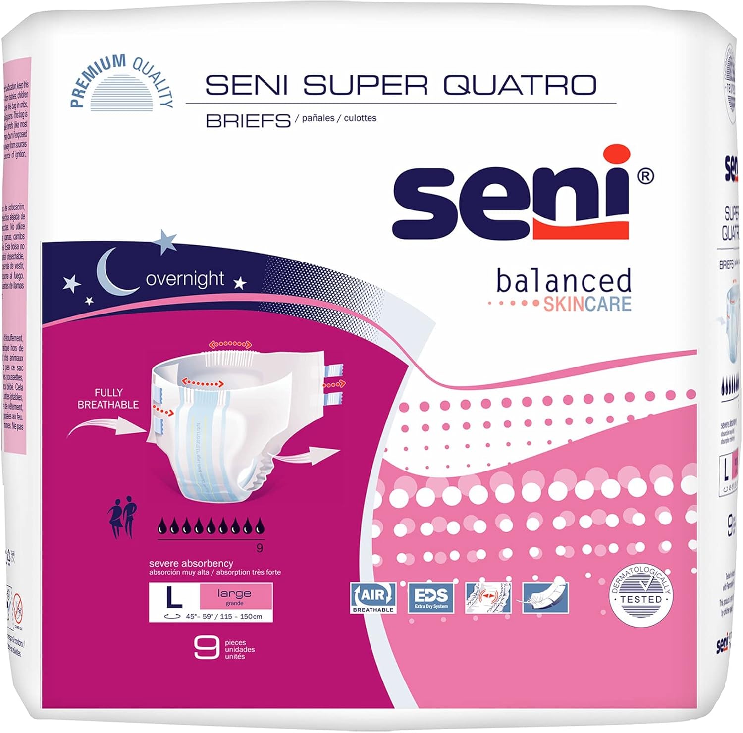 Seni Super Quatro Unisex Adult Incontinence Briefs with Tabs, Size Large (45"-59"), 36 Count (4 Packs of 9), Severe Absorbency, Disposable Overnight Briefs for Men & Women