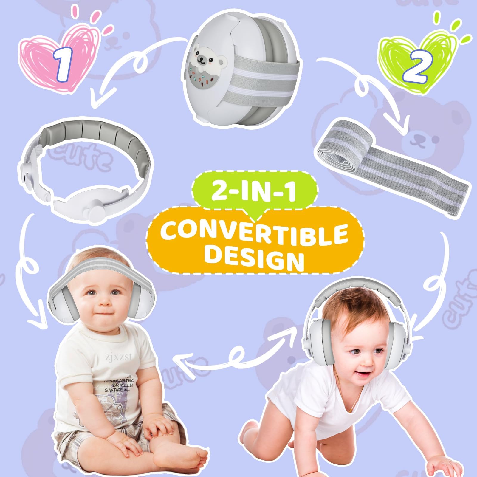 USHOP Cascos Bebe Antiruido,2 en 1 Protectores Auditivos para Bebés de 0-4 Años,Reducción de Ruido 25 dB,Diadema Ajustable,Seguro y Cómodo,Cascos Antiruido para Bebé para Viajes y Entornos Ruidosos