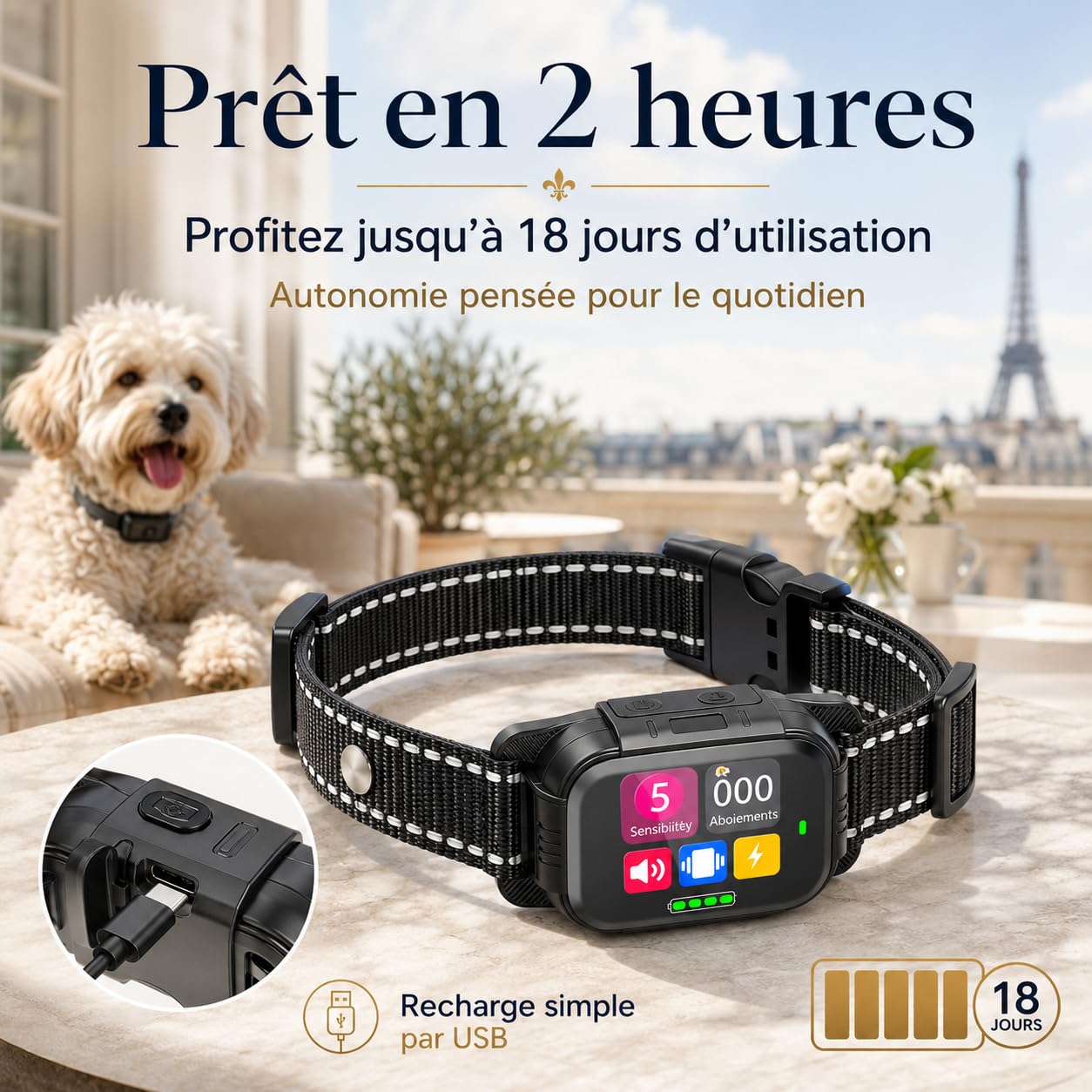 Collier Anti-Aboiement 2026, éTanche Rechargeable, 3 Modes Bip/Vibration/Choc éLectrique, Collier Chien EntièRement Automatique à IA, 5 Niveaux De RéGlage, Convient à Toutes Les Races De Chiens (Noir)