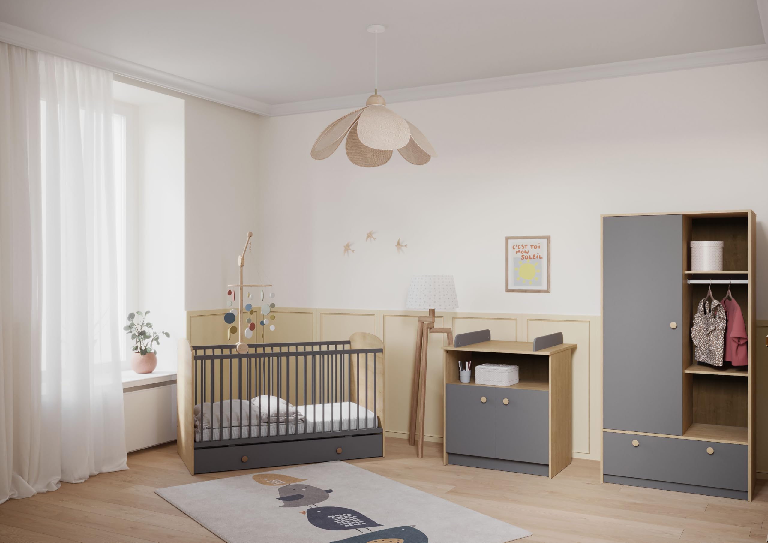 Lit Bebe Noir et Couleur Bois 60x120 cm pour Enfant de 0 à 3 Ans – Barreaux Sécurisés – Berceau et lit bébé Made in France
