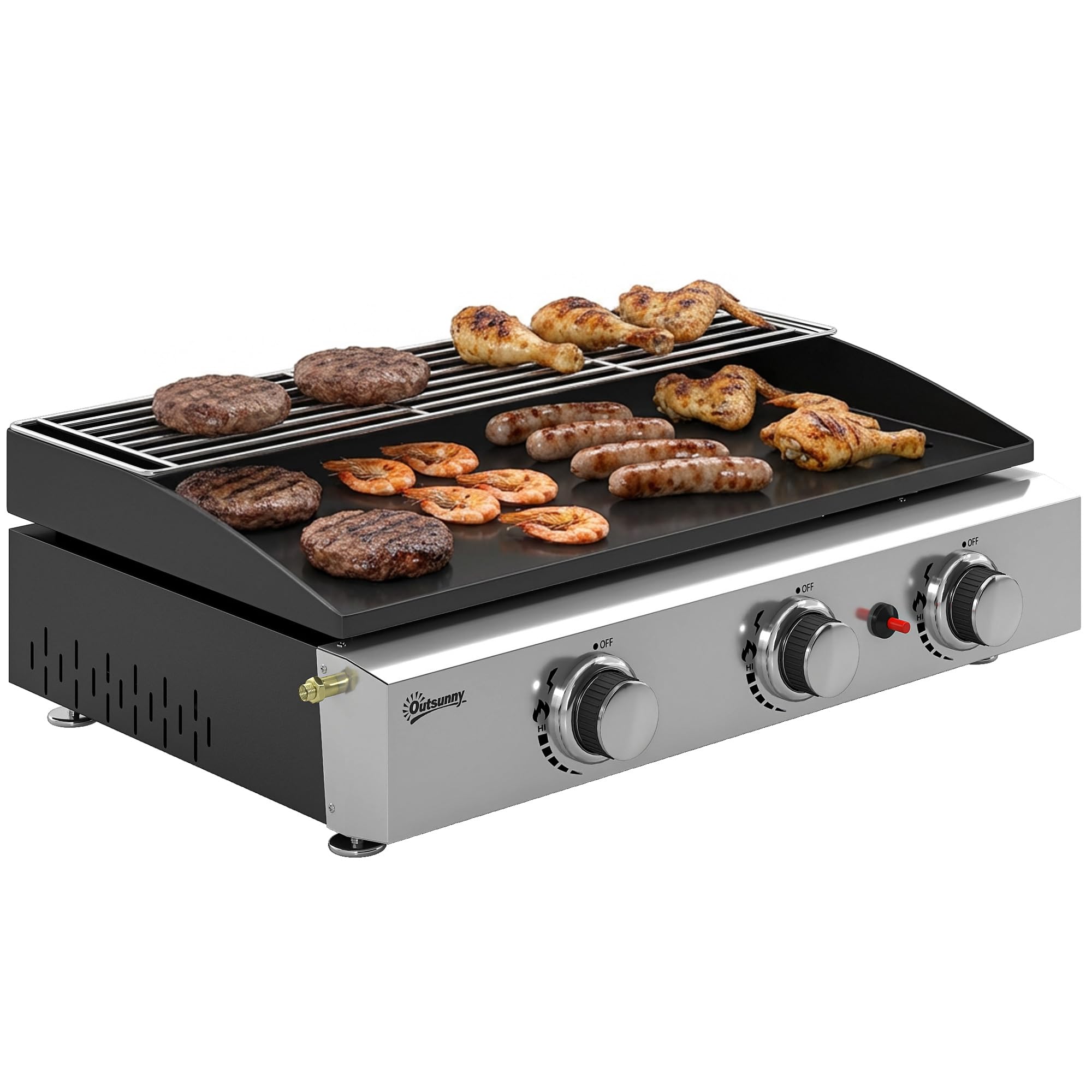 Outsunny Plancha Gaz Extérieur 3 Brûleurs en Acier Inoxydable 7,5 kW, Noir | Plaque Émaillée Anti-Chaleur Facile à Nettoyer, Barbecue de Table, Grille de Maintien au Chaud