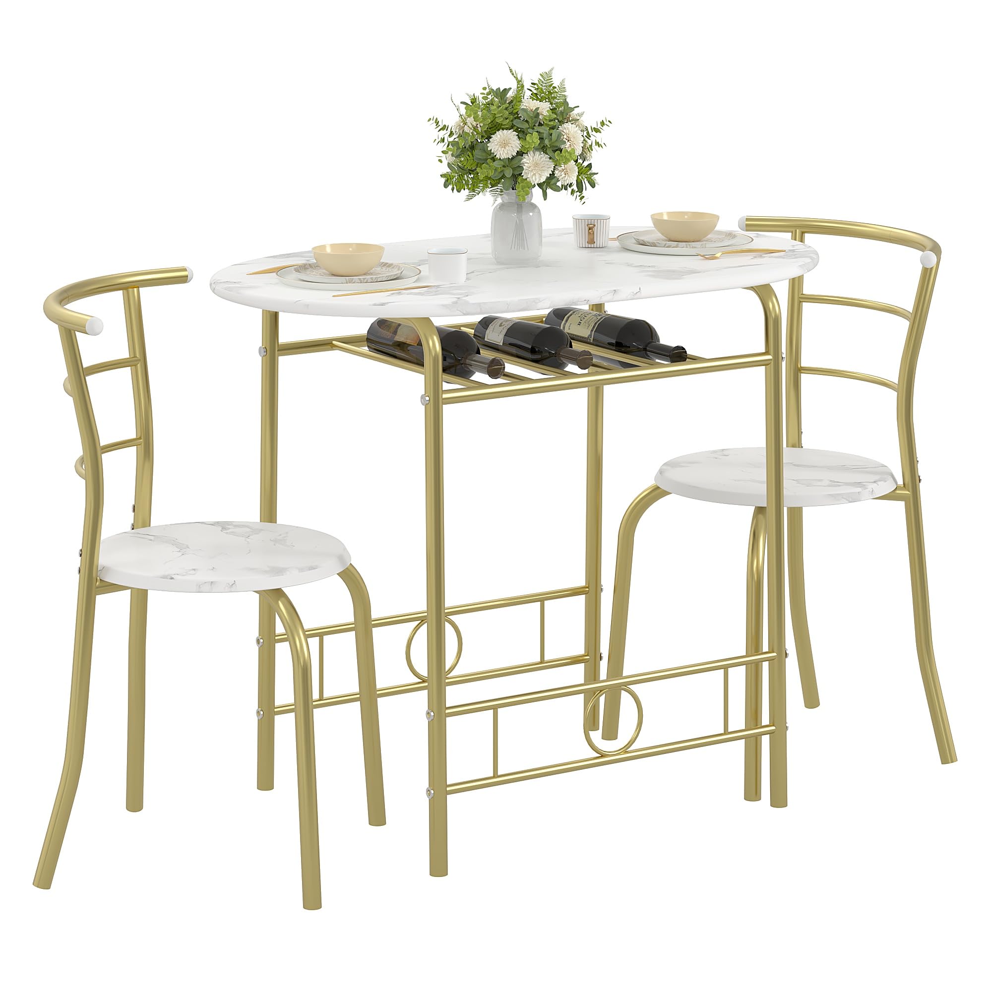 VECELO 3-Piece Dining Table Set for Kitchen Breakfast Nook, Wood Grain Oval Tabletop and Metal Frame with Built-in Wine Rack, for Small Spaces, White &amp; Gold