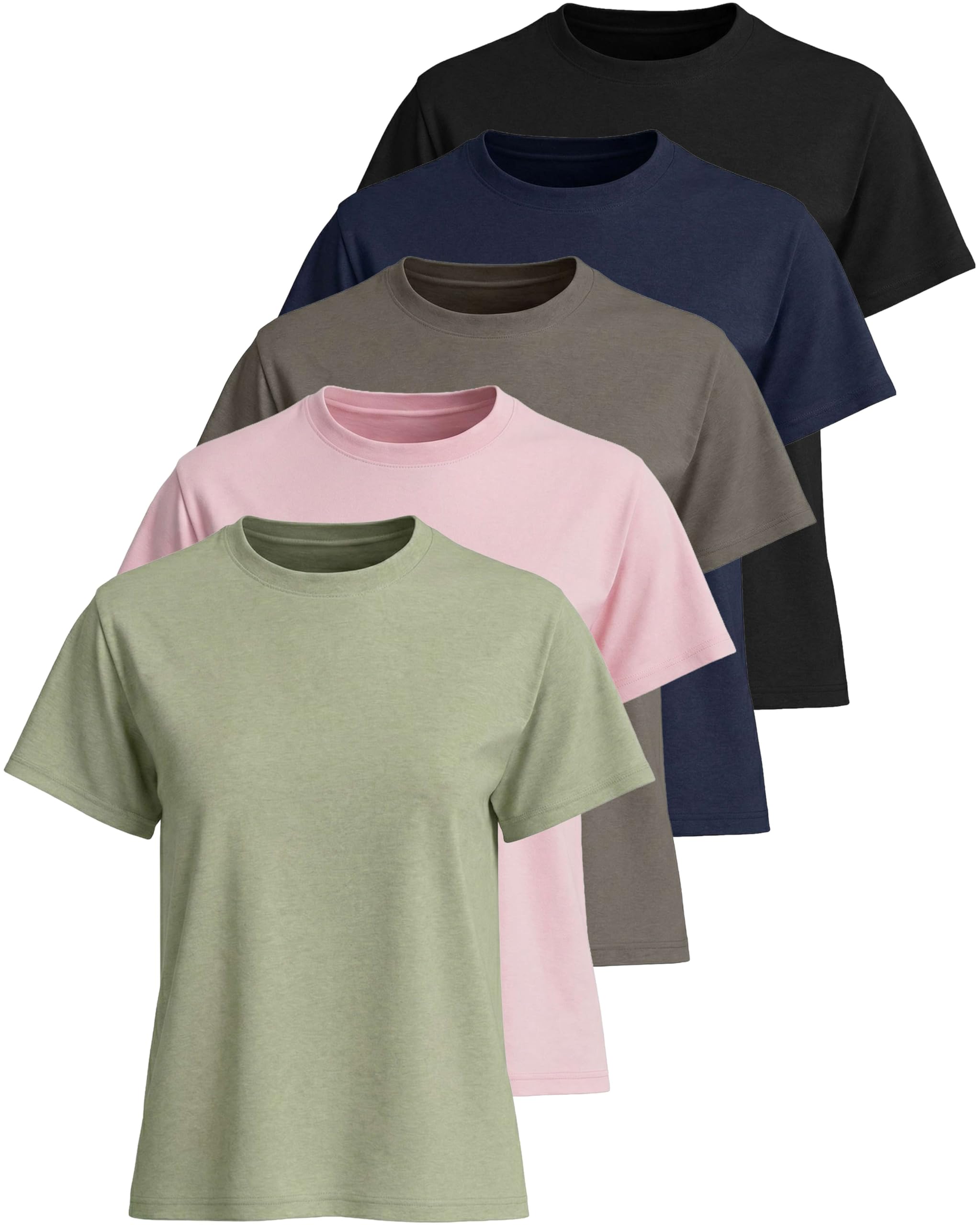 Real Essentials 5 Pack: Women’s 100% Cotton Relaxed Fit Short Sleeve T-Shirts Fashion Trendy Tees (Available in Plus Size)