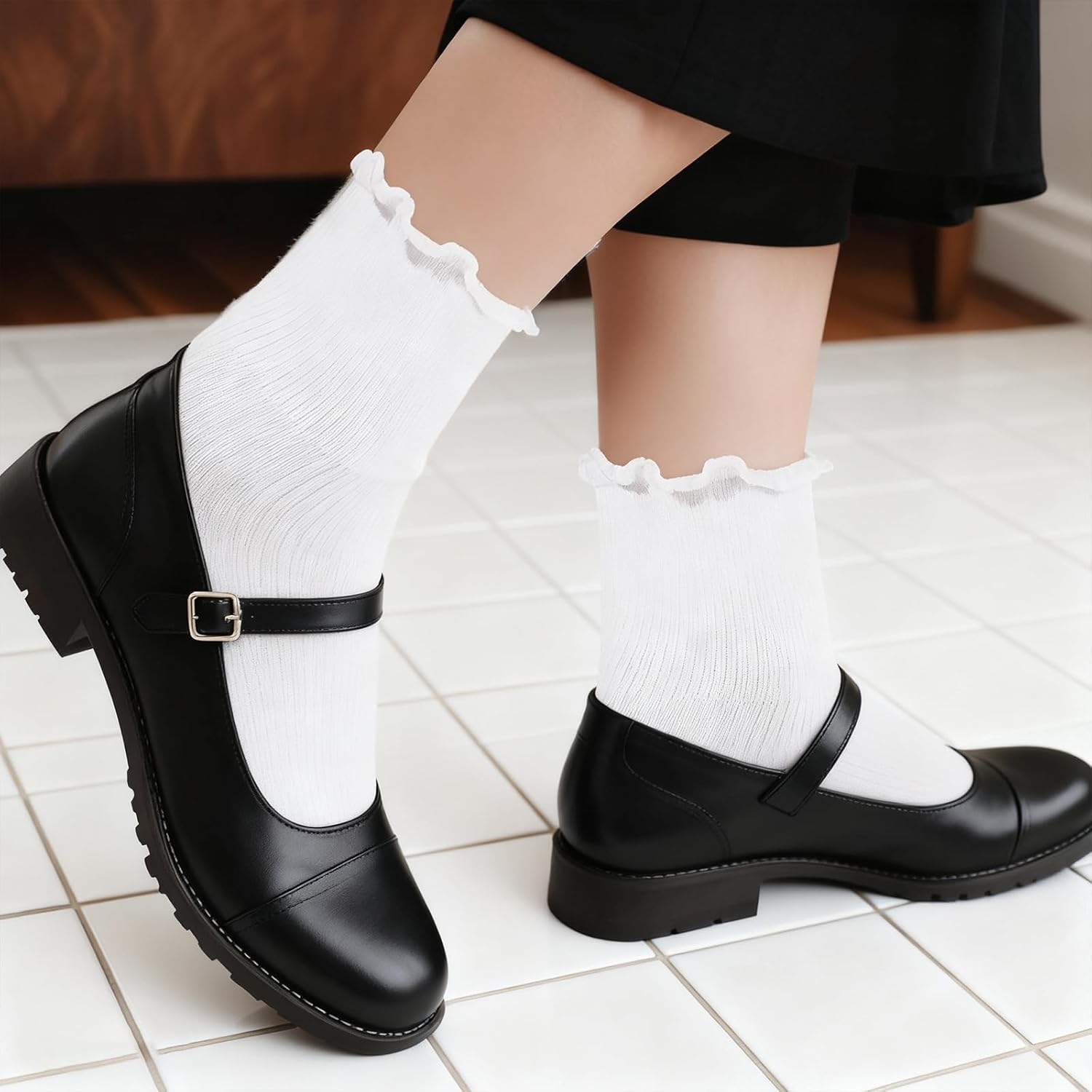 2 Pairs White Lace Ruffle Socks, Soft Cotton Cute White Frilly Ankle Socks with Lettuce Edge, Breathable Knit Crew Socks for Women and Girls - Image 2