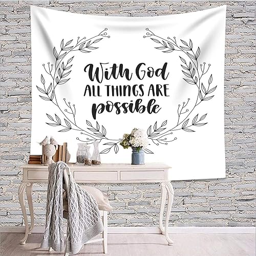 Miniatura 2 de Moslion Tapiz con texto en inglés "With God All Things are Possible", con texto escrito a mano, versículo bíblico, tapiz floral para colgar en la