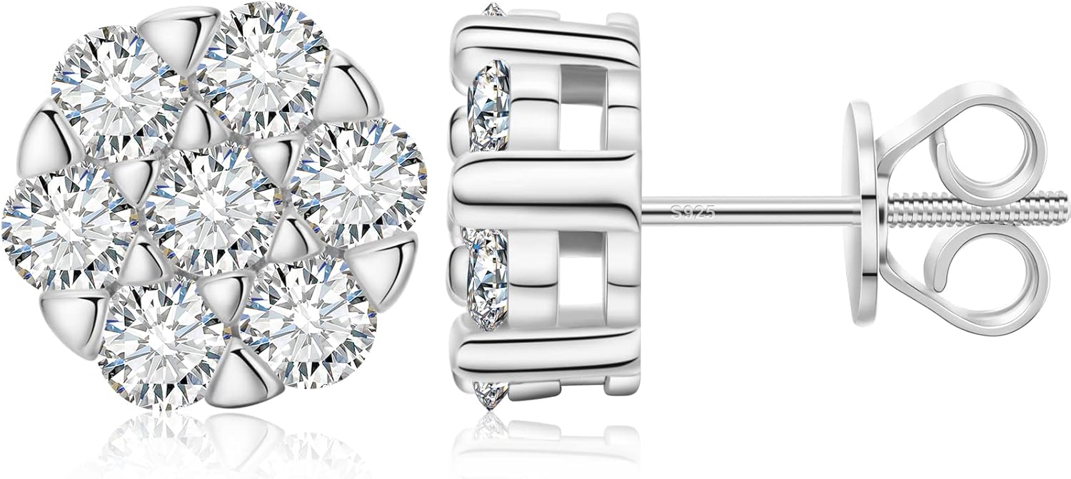Moissanite Cluster Earrings for Men Women 1.4 Cttw 7 Stone Flower Cluster Earrings Screw Backs 18k Gold Plated S925 Sterling Silver Lab Created Moissanite Earrings Studs 9mm Big Stud for Sensitive Ear