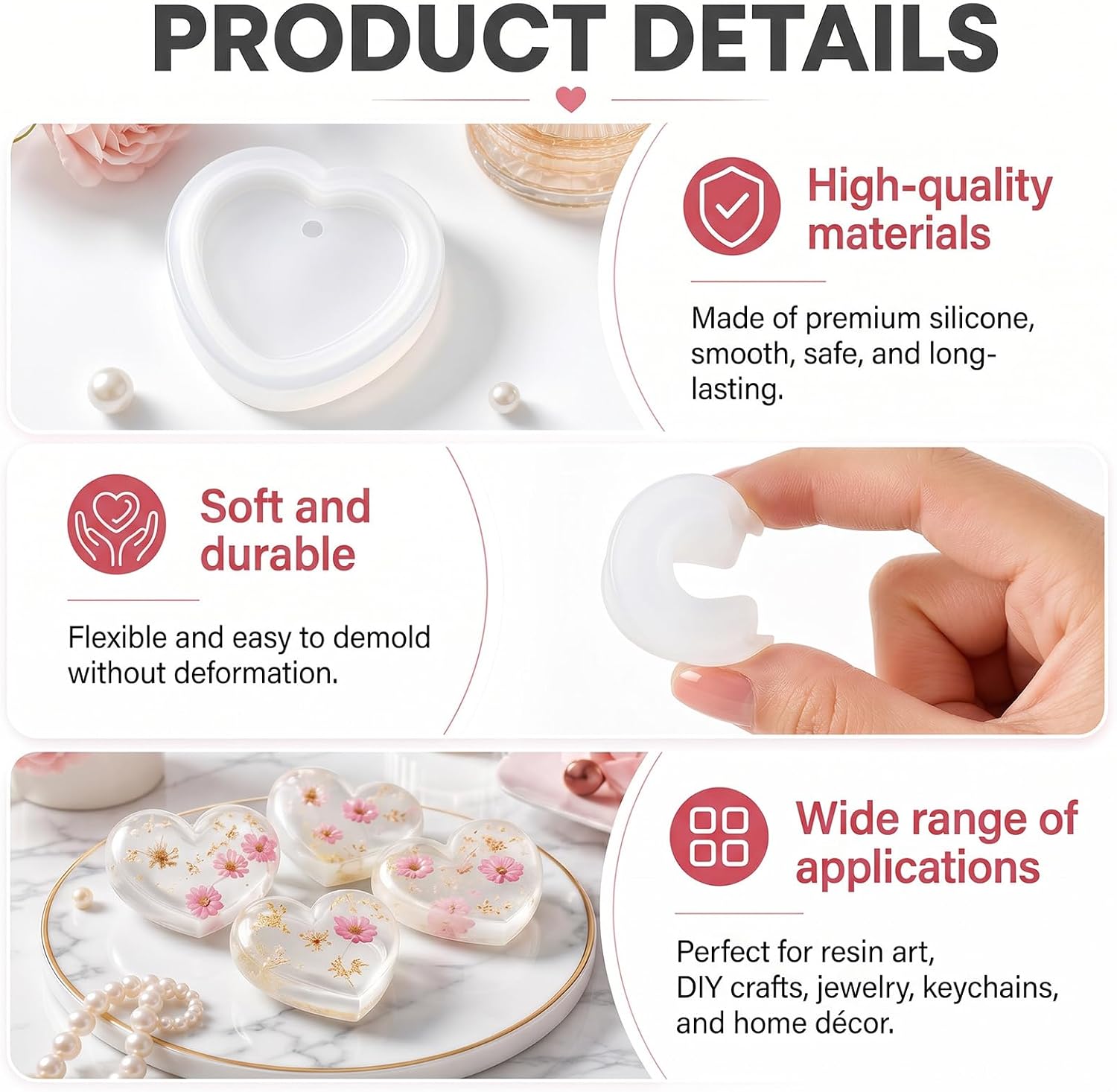 TIESOME 8Pcs Heart Shaped Resin Mold, Cute Love Heart Silicone Molds with Hole for Resin DIY Craft Jewelry Pendant Necklace