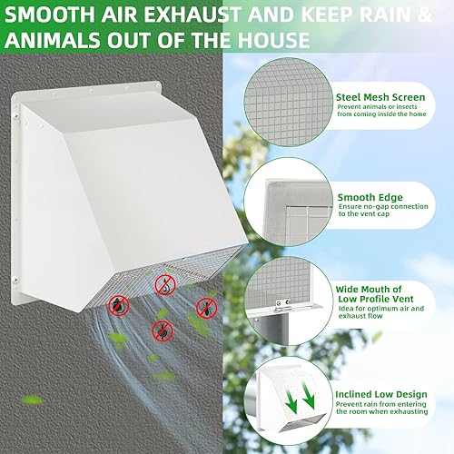 Miniatura 3 de Ventilación de Pared con Capucha de 6 Pulgadas con Malla y Amortiguador, Tapa de Cubierta de Ventilación de Escape de Pared, Cubierta de Ventilación