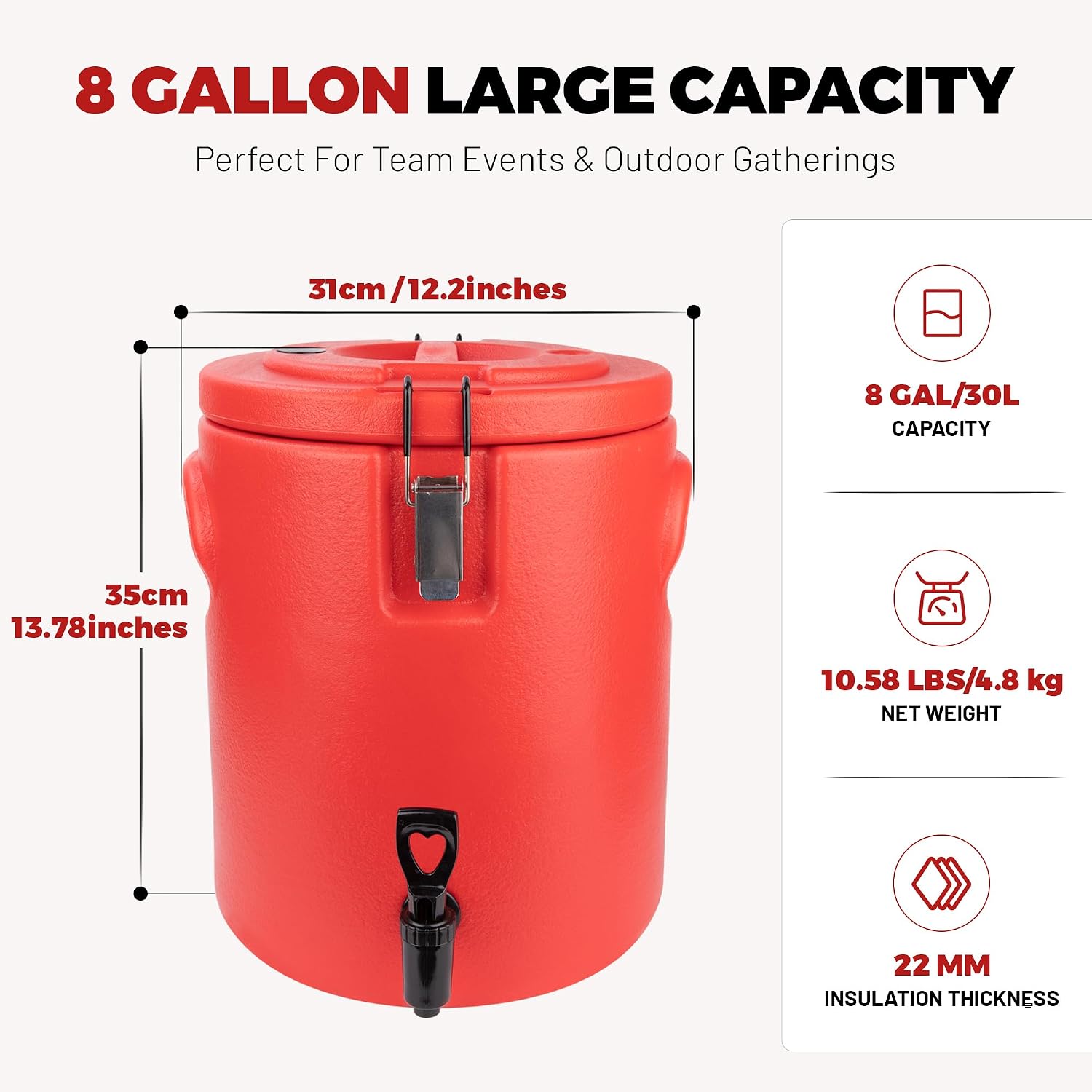 304 Stainless Steel Insulated Beverage Dispenser with Spigot, Portable Hot and Cold Drink Server for Coffee, Tea, Juice, Soup, Buffet, Restaurant, Camping, 3.5 Gallon, Red