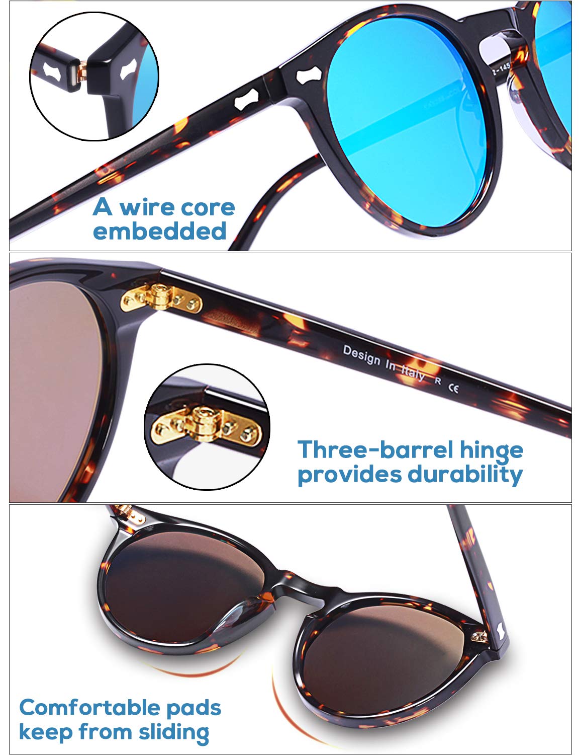 Carfia Retro Occhiali da Sole da Uomo Polarizzati Occhiali Unisex per Uomo e Donna con Struttura in Acetato e Protezione UV400