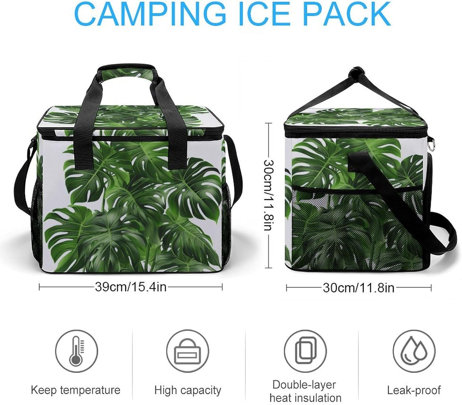 Large Capacity Oxford Cloth Monstera Deliciosa Banana Palm Printed Camping Ice Bag, Outdoor Portable Insulation and Cooling Bag, Suitable for Outdoor Camping and Picnics