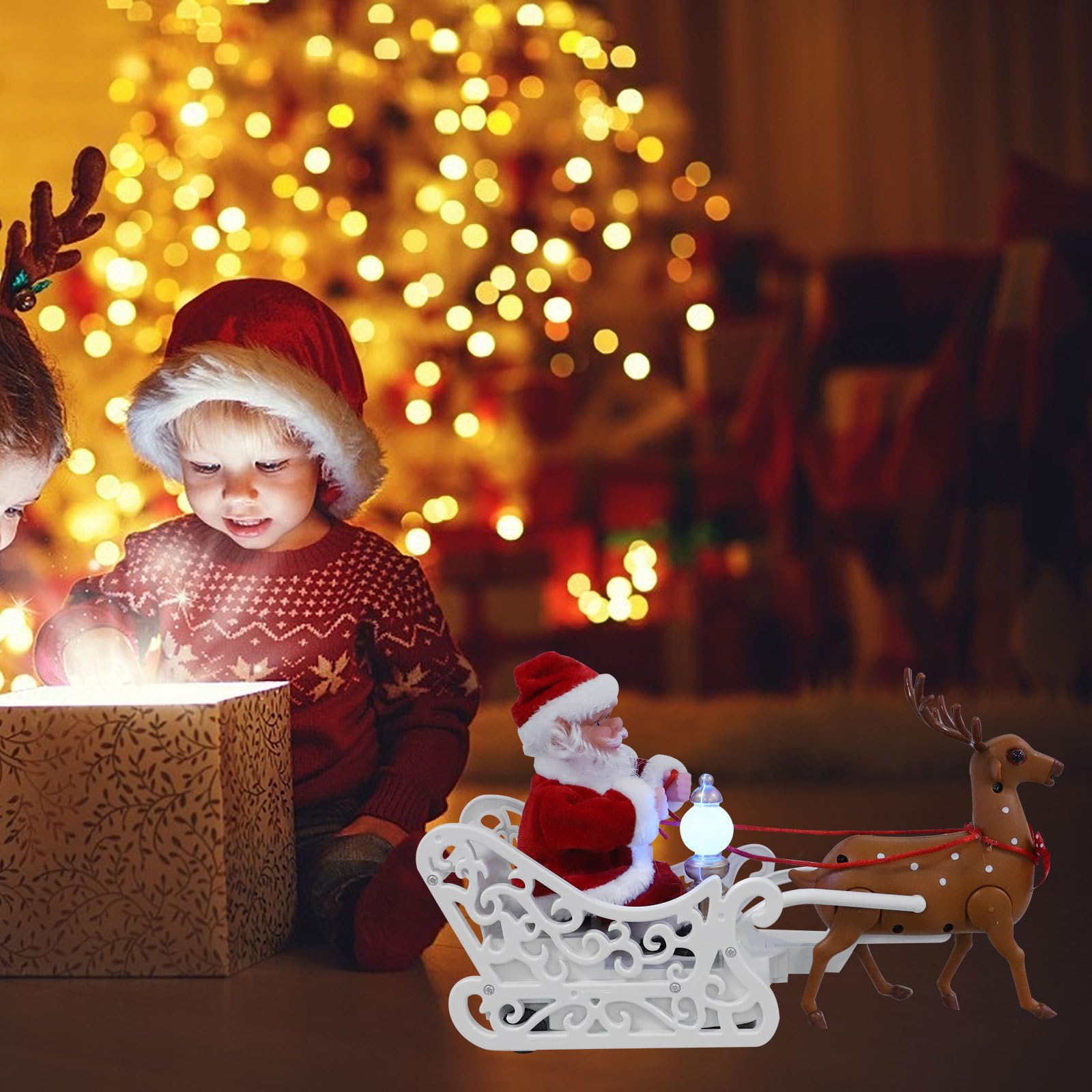 Sewroro Figura Eléctrica de Papá Noel Reno y Trineo, Adorno Navideño Rojo
