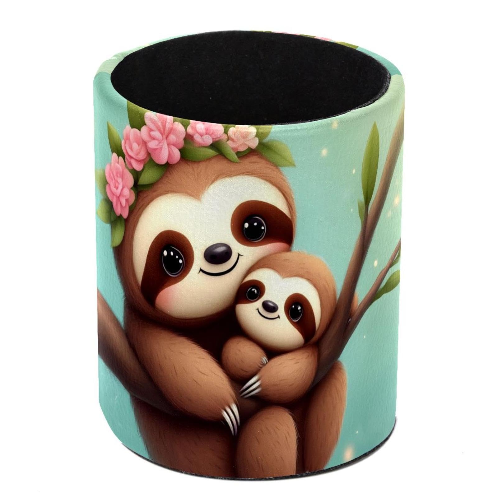 HEOEH Mom and Baby Sloth Pen Holder for Desk, PU Leather Pencil Holder Pen Cup Marker Holder Makeup Brush Holders, Desk Accessories & Workspace Organizers for Home, Office