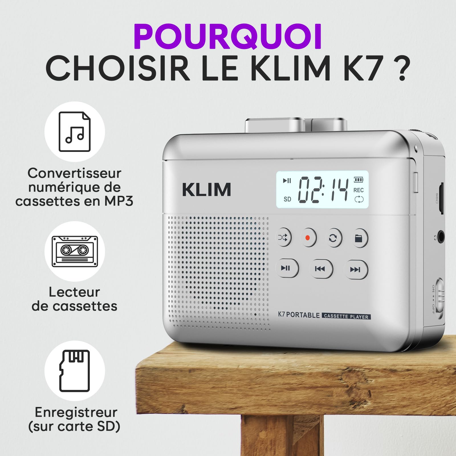 Cassette Player KLIM K7 - Lecteur Cassette Audio - Convertisseur Audio en MP3 - Microphone et Haut-Parleur intégrés - Batterie Rechargeable - Ecouteurs - Carte SD 16GB - Argent