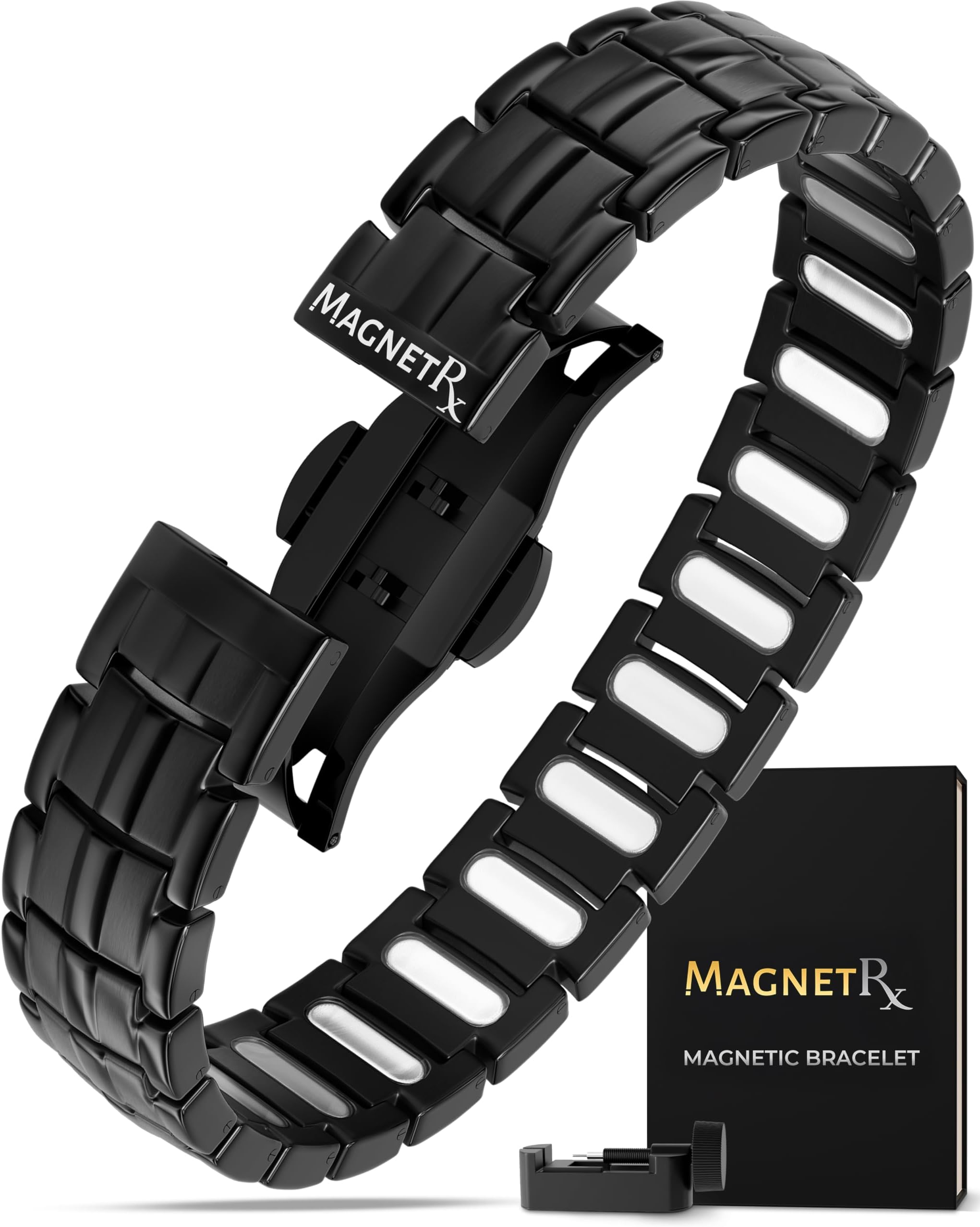 MagnetRX® Magnetic Bracelets for Men - EllipseMAX 5X Strength 5,000 Gauss Magnets - Designed in USA & Patent Pending - Premium Titanium Mens Magnetic Bracelet & Adjustable Length (Black)