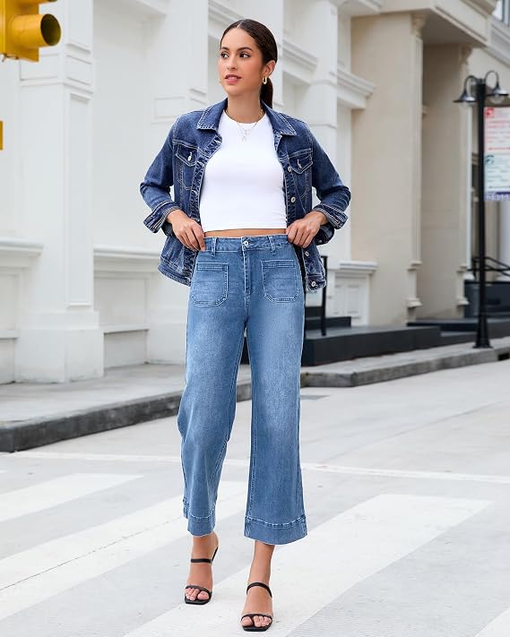 LookbookStore Wide Leg Cropped Jeans for Women High Waisted Stretchy Denim Pants Baggy Flare Trouser Jeans Front Pockets