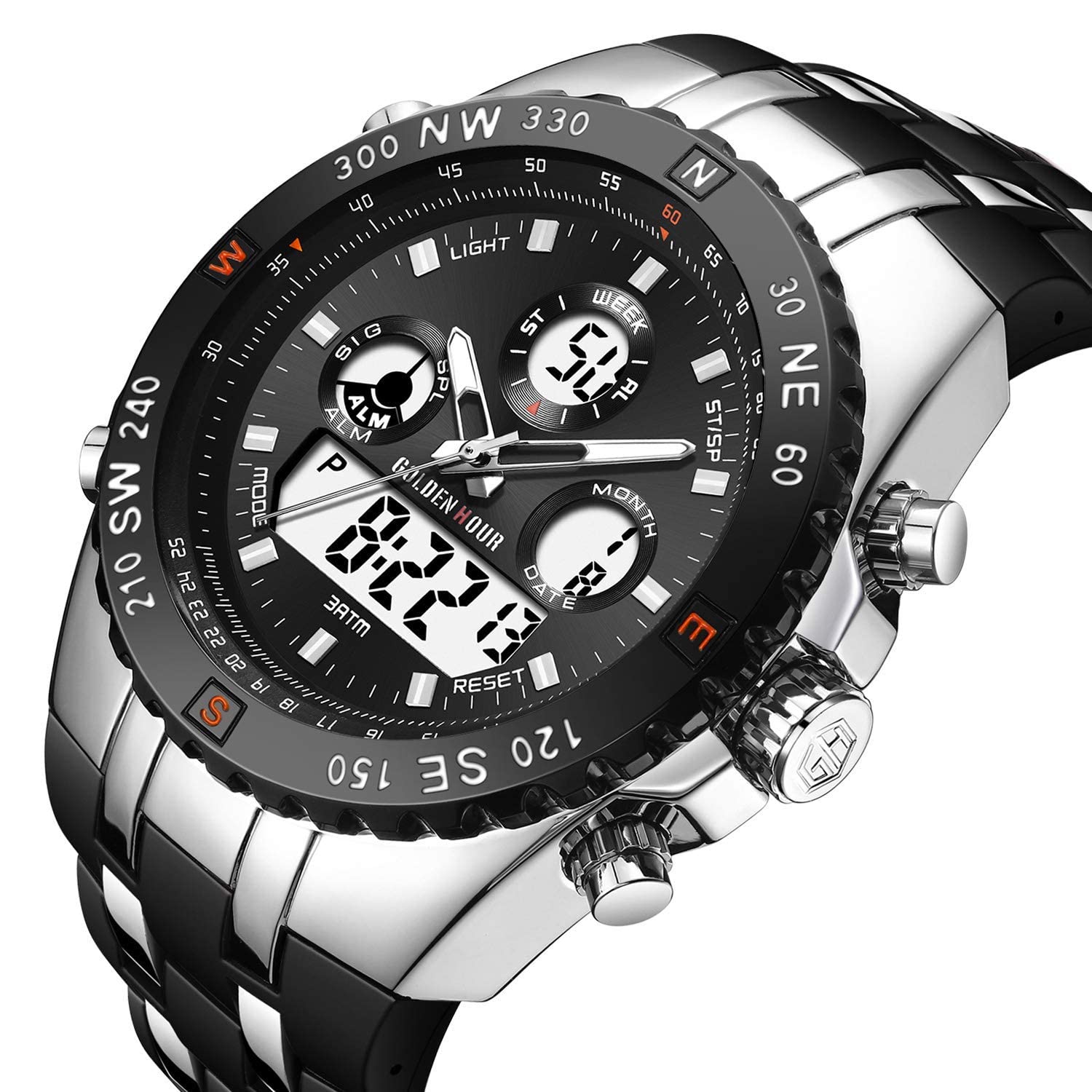 Orologio sportivo da uomo, impermeabile, cronometro, data, sveglia, luminoso, digitale, analogico, militare, con cinturino in gomma