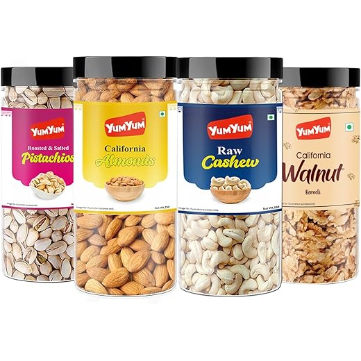 YUM YUM Dry Fruits 1kg Combo Pack Of 4 -Badam, Kaju, Pistachio & Akhrot Giri 250g Each