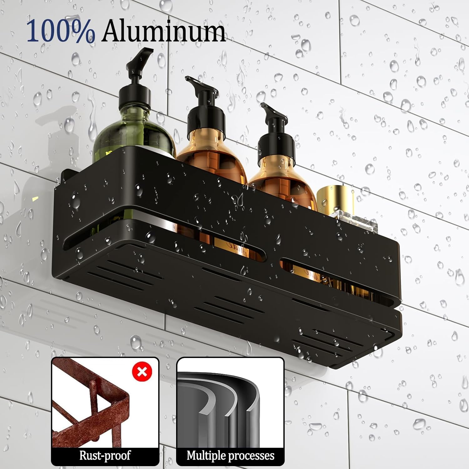 Shower Caddy, 2-Pack Shower Shelf, Heavy-Duty Bathroom Storage Shelf, Large Capacity No-Drill Bathroom Organizer, Black Metal Storage Basket, Adhesive Installation