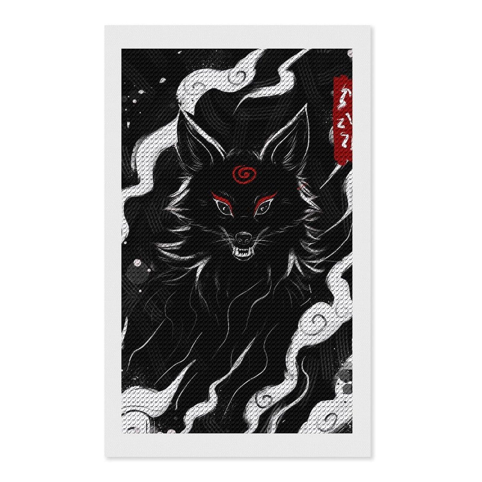 Junmoney Black Wolf with Red Markings Illustration Crystal Diamond Art Kit 12"x20", Modern Decor, Boho Decor, Wall Art Gift, Decorative Artwork, Creative Hobby