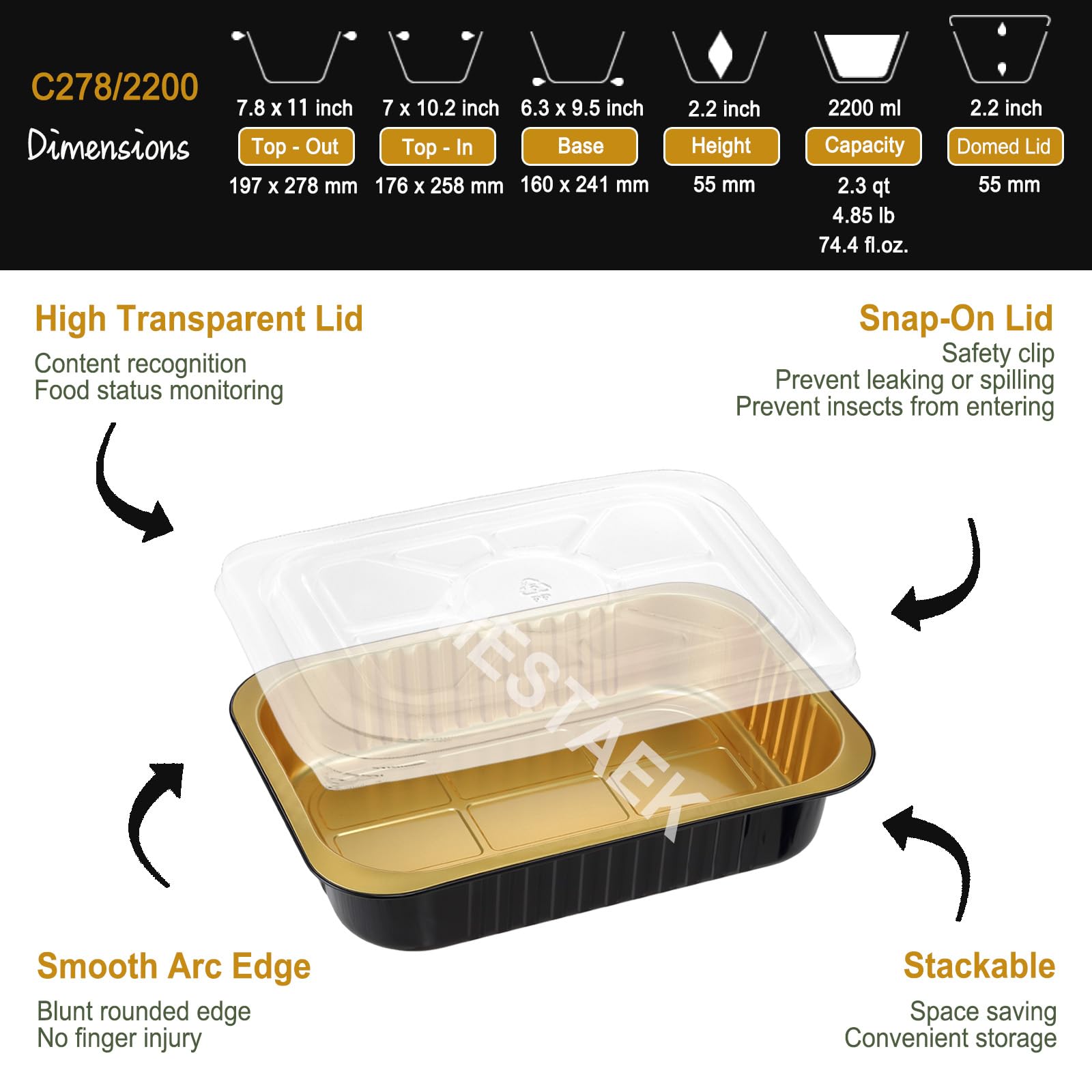 Black & Gold - Moldes desechables de aluminio con tapas, 11 x 7.7 pulgadas, paquete de 10, 2 moldes para hornear más gruesos y resistentes a la grasa para calefacción, catering, preparación de