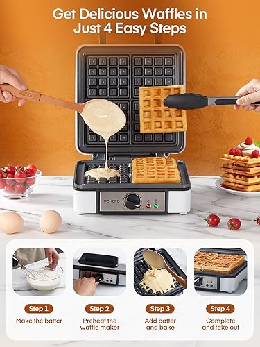 Miniatura 5 de FOHERE Waffle Maker belga 4 rebanadas, plancha para gofres de 1200 W, 5 niveles de marrón, placas antiadherentes, mango de tacto frío, carcasa