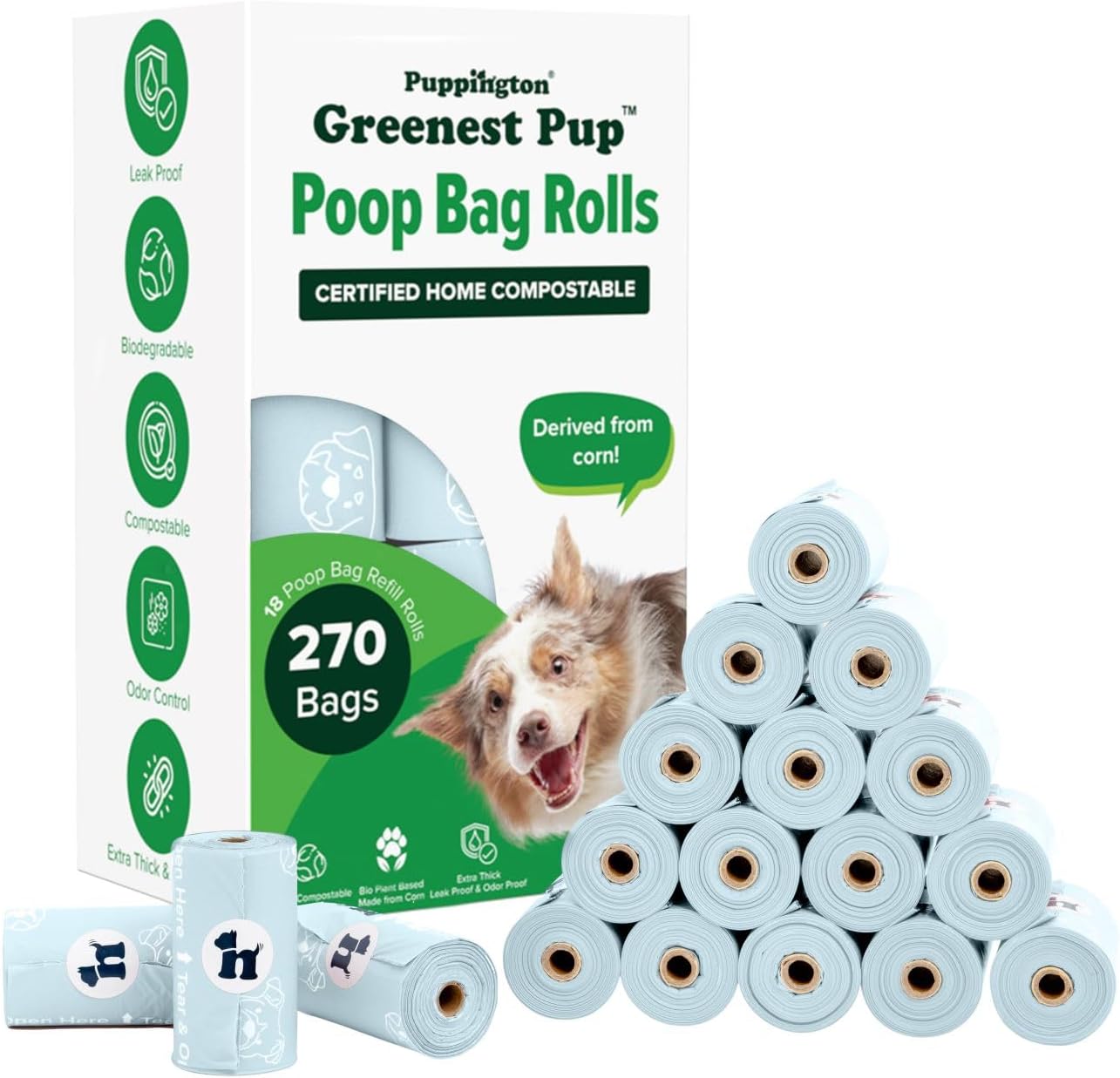 Puppington Certified Home Compostable Poop Bags - ASTM D6400 Compliant - 270 Extra Thick Bags - Plant Based - Pairs with Puppington 3-in-1 Bag & Fits all Standard Poop Bag Dispensers (Ice Blue)