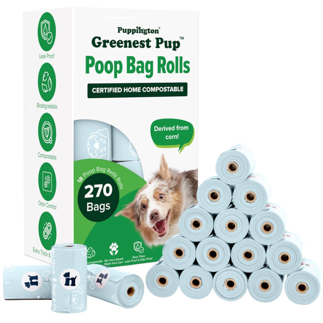 Sacs déjections canines compostables à base de plantes Puppington extra épais anti-fuites