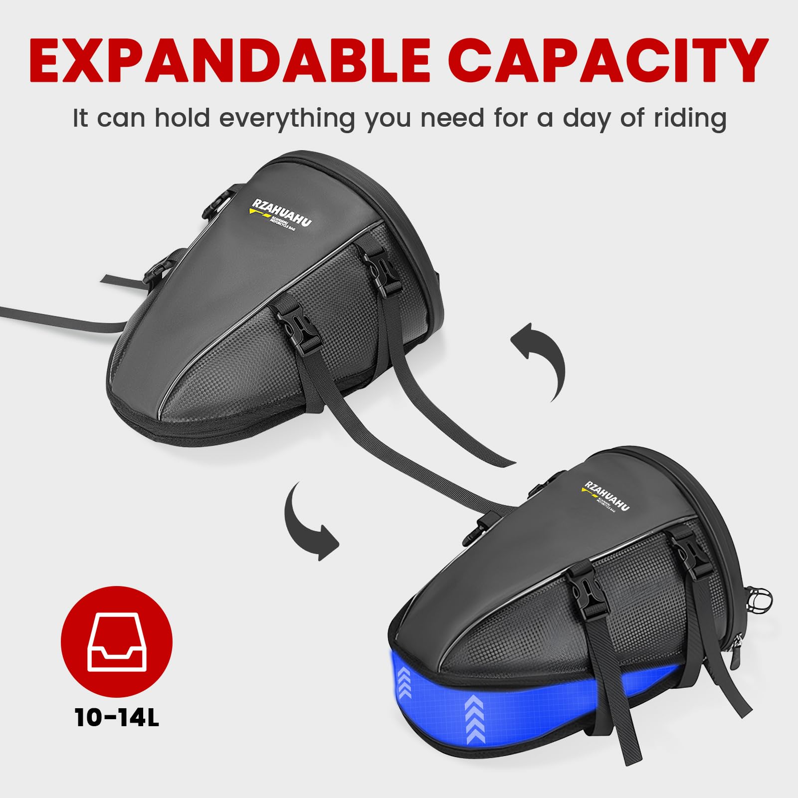 UBORSE Borsa posteriore per moto, impermeabile, 10 – 14 l, per sport, moto, con tracolla e maniglia, espandibile, borsa da sella, piccolo strumento Gear (nero)