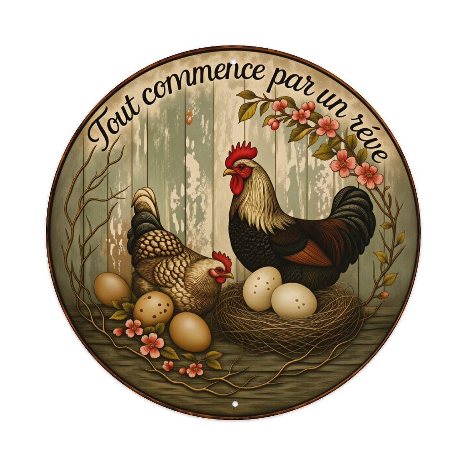 Rooster Hen Eggs Nest Flowers Wood Background Circle Pattern Round Vintage Tin Sign,Retro Wall Art,Metal Poster for Home, Bar, Garage, Cafe, Rustic Indoor & Outdoor Decor, 8x8 Inches