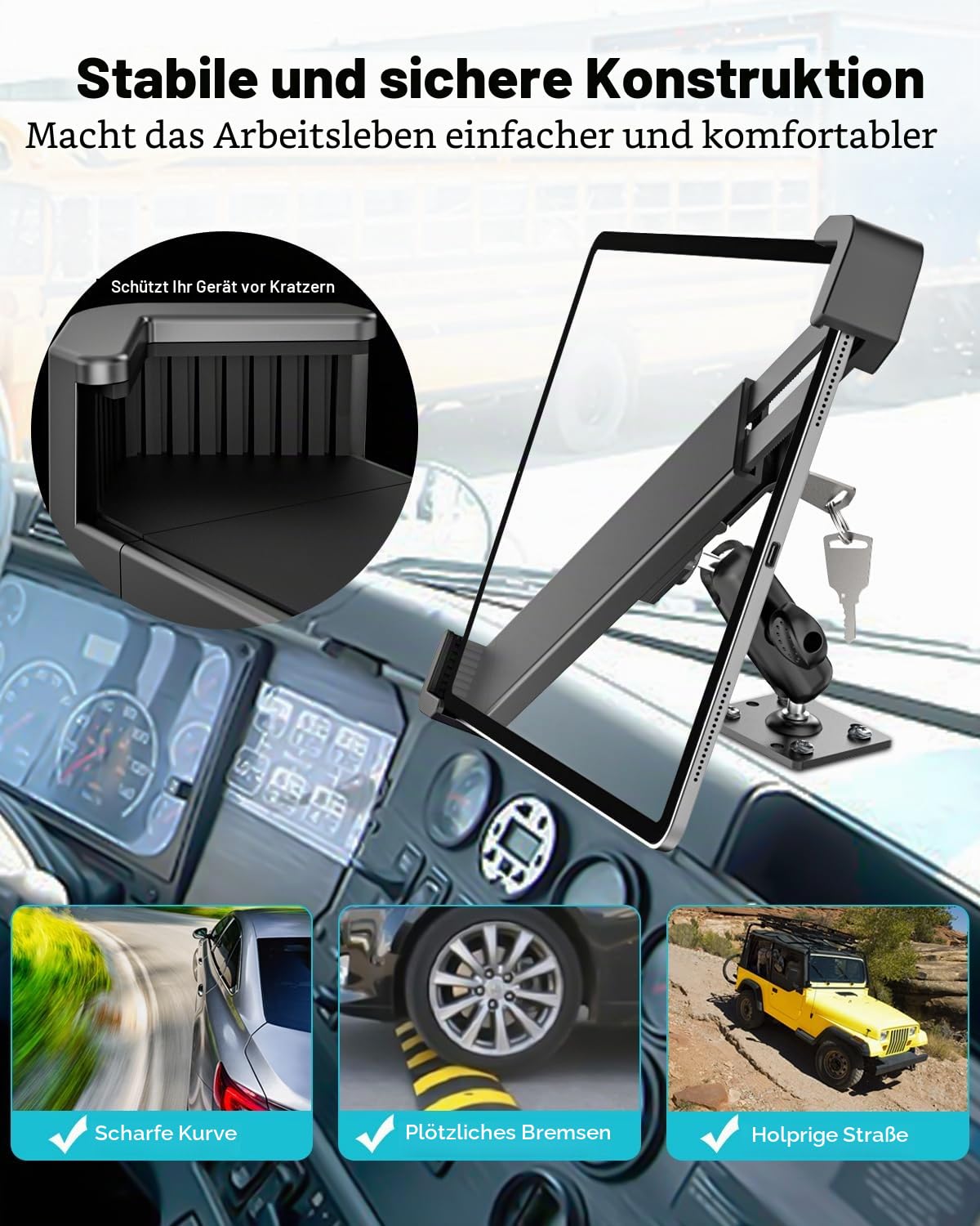 Verriegelbare Bohrbasis Tablet Halterung Auto Armaturenbrett, Robuste Tablet Halter KFZ mit Schloss und Schlüssel, Abschließbar Ständer für iPad 11 Air Mini, ELD, Galaxy Tab, 7-11" Geräte