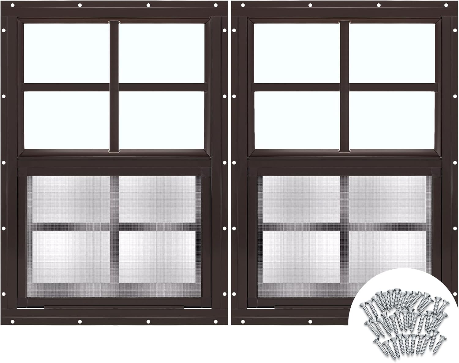 Tandefio 2 Pcs 12'' x 18'' Brown Flush Mount Shed Window with Tempered Glass and Screen Household Windows Sliding Windows with Vertical Slider and Screws for Chicken Coop Sheds Barns