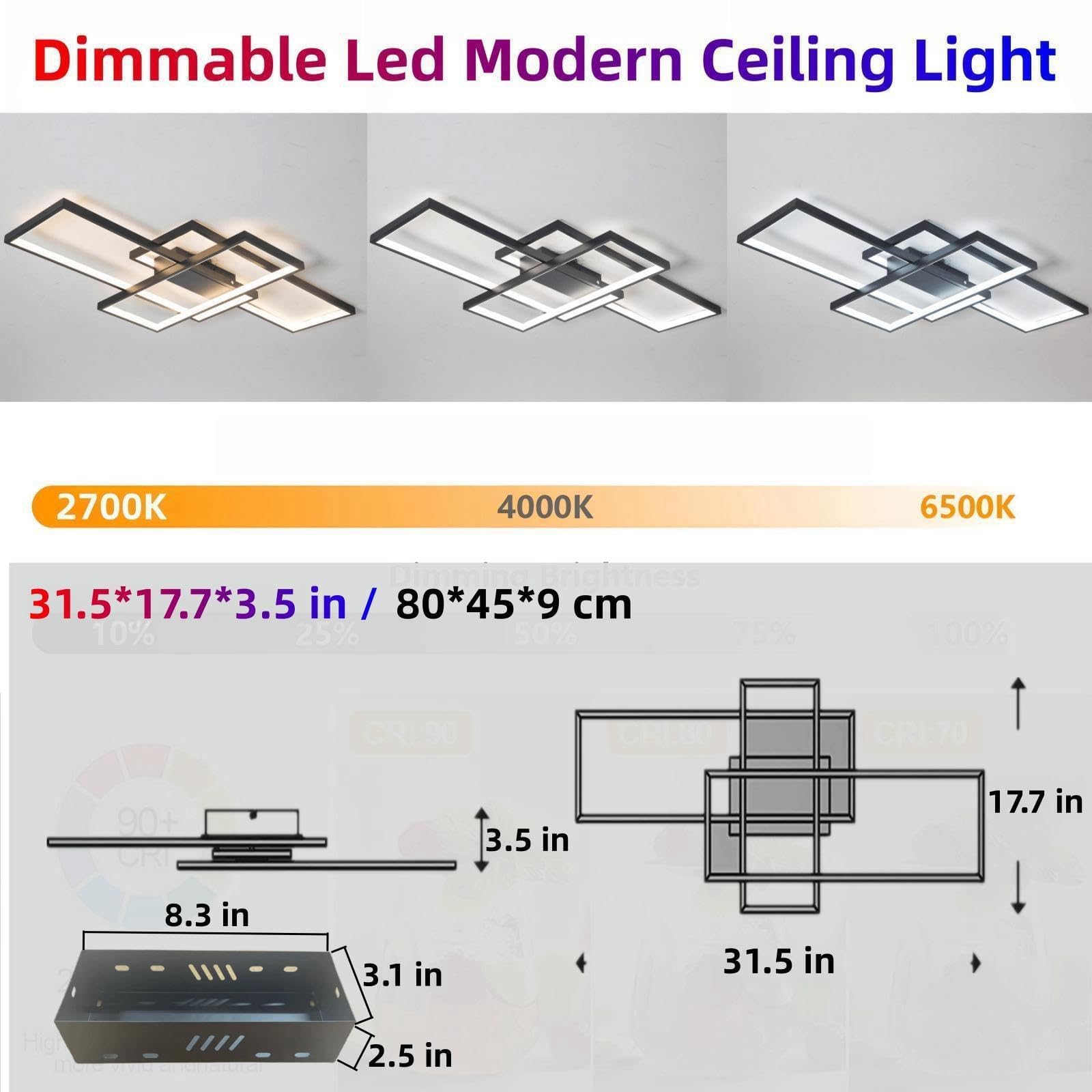 80CM 45W Deckenlampe Schwarz 3000K–6500K Dimmbar Deckenleuchte Wohnzimmer | Timer Speicherfunktion Nachtlicht Deckenlampe Wohnzimmer LED Rechteckige Wohnzimmerlampe Fernbedienung Schlafzimmer Küche