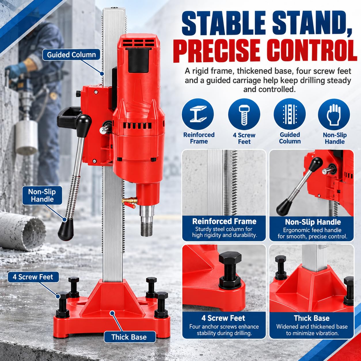 Carotteuse à Diamant Forage De Carottage Pour Béton 4250W Machine De Carottage à Diamant 580rpm Diamètre Maximum 255mm Profondeur Réglable,Pour Forage Humide, Béton Armé Et Murs