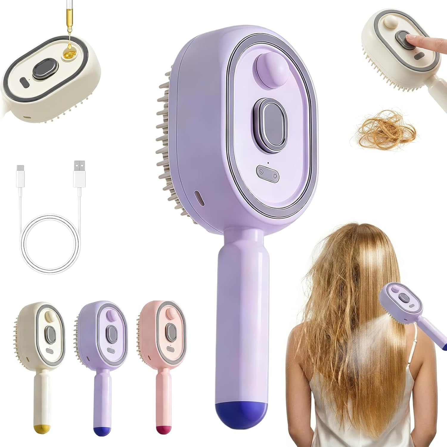3-in-1 Spray Air Cushion Massage Comb – Elektrischer Sprüh-Luftkissen-Massagekamm mit Wassertank – Entwirrbürste & Kopfhautmassage – Für alle Haartypen (lila)